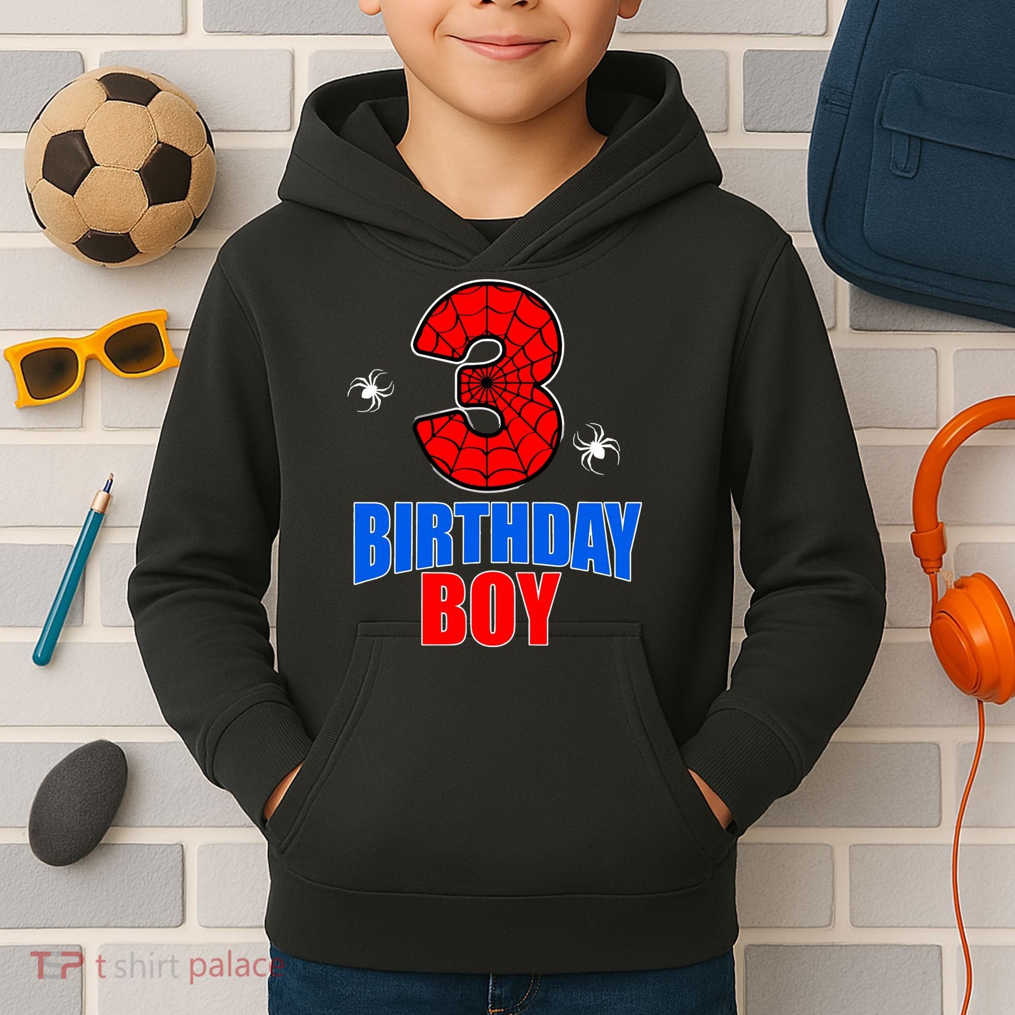 Spider Web Three 3 Years Old 3rd Birthday Boy Party Kids Hoodie