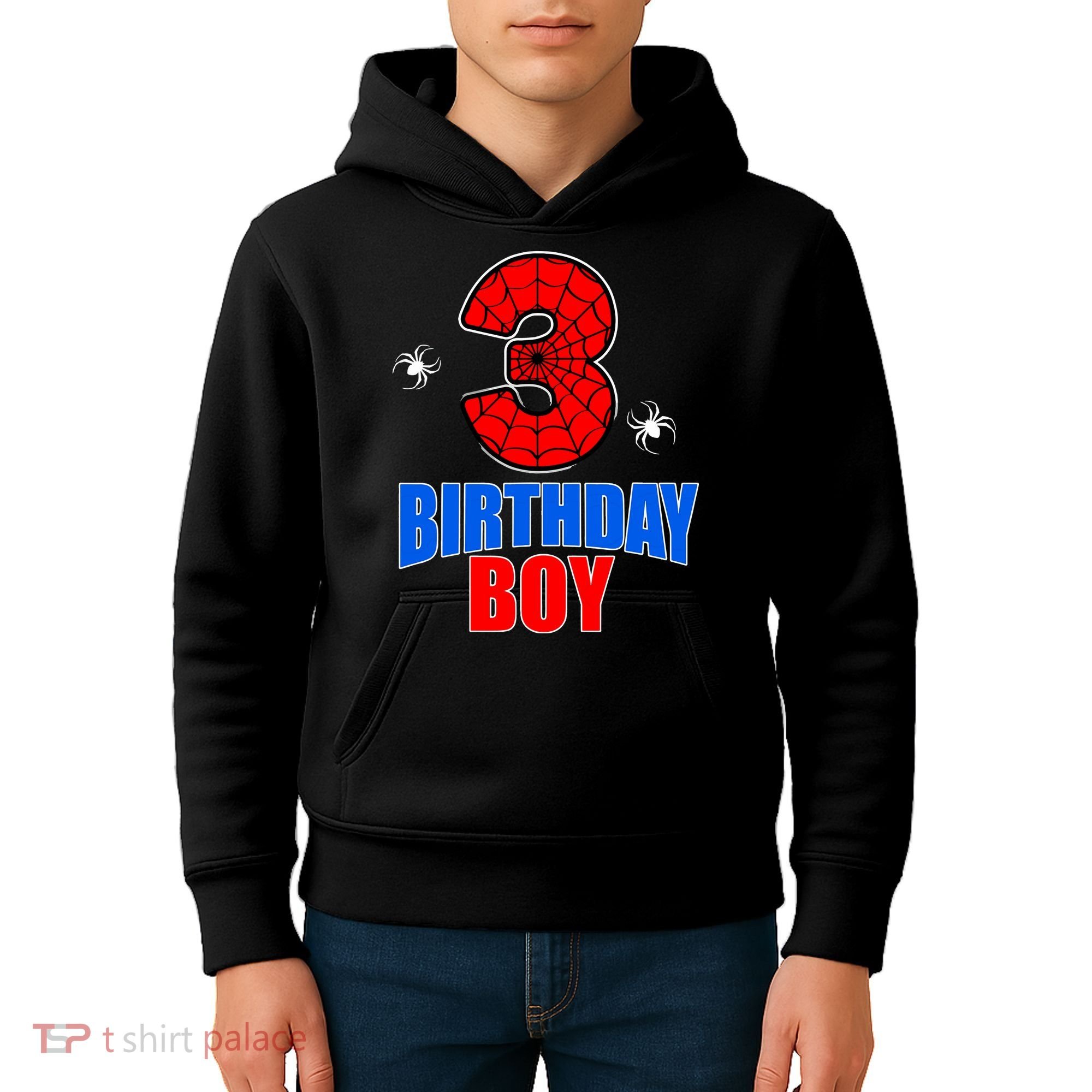 Spider Web Three 3 Years Old 3rd Birthday Boy Party Kids Hoodie
