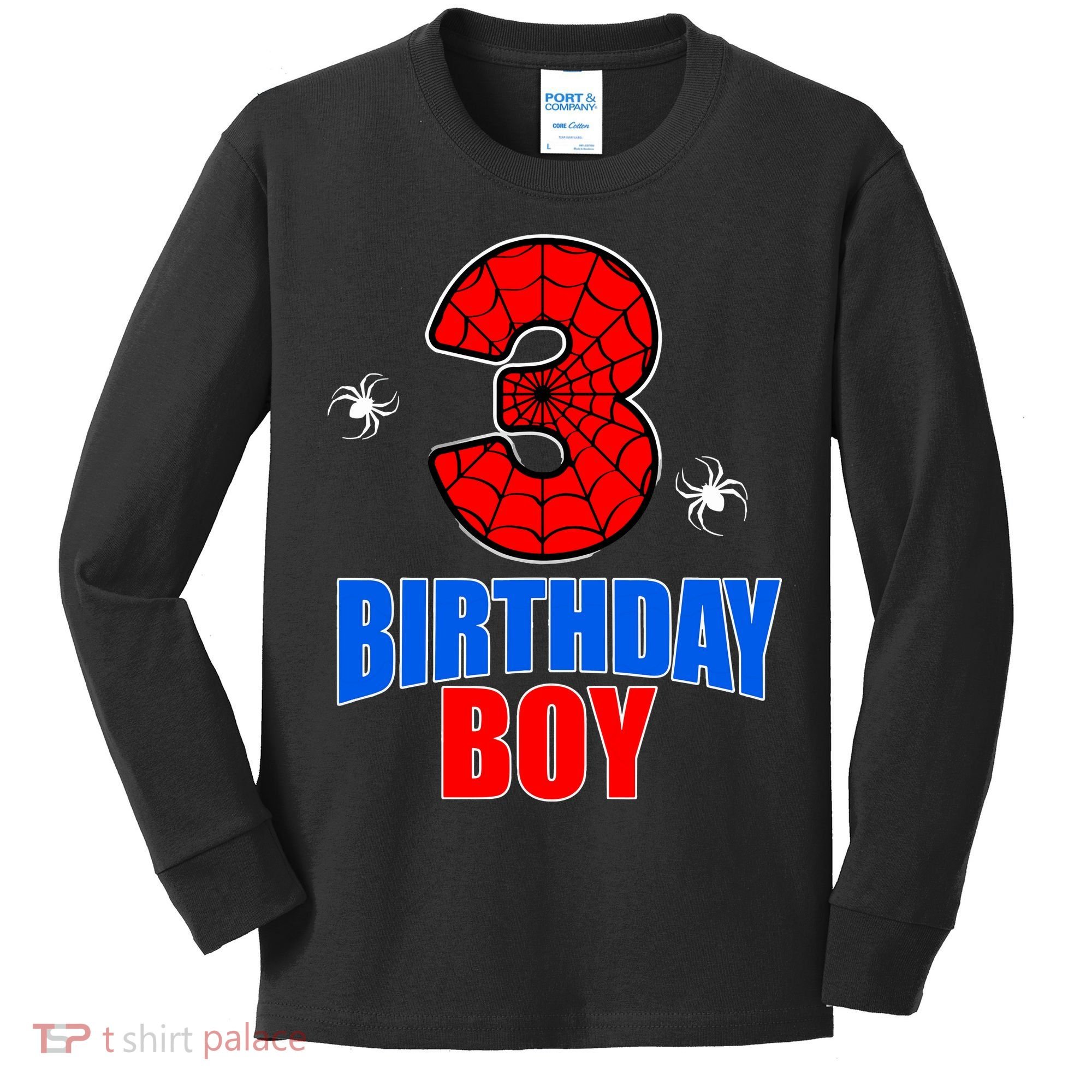 Spider Web Three 3 Years Old 3rd Birthday Boy Party Kids Long Sleeve Shirt