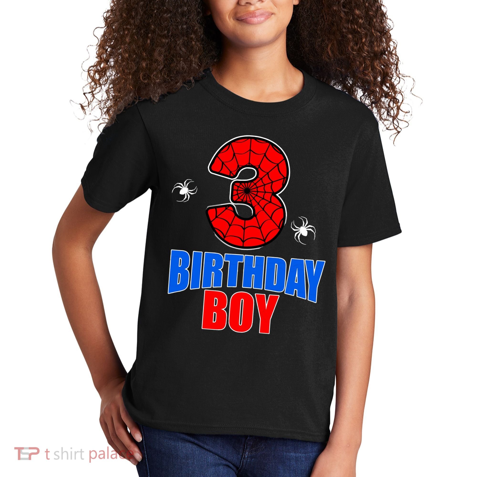 Spider Web Three 3 Years Old 3rd Birthday Boy Party Kids T-Shirt
