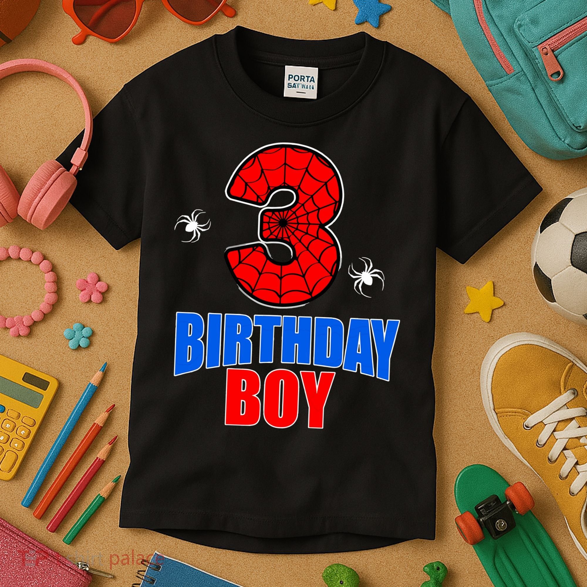 Spider Web Three 3 Years Old 3rd Birthday Boy Party Kids T-Shirt