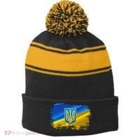 Stand With Ukraine Distressed Coat Of Arms Crest Flag Stripe Pom Pom Beanie thumb 0