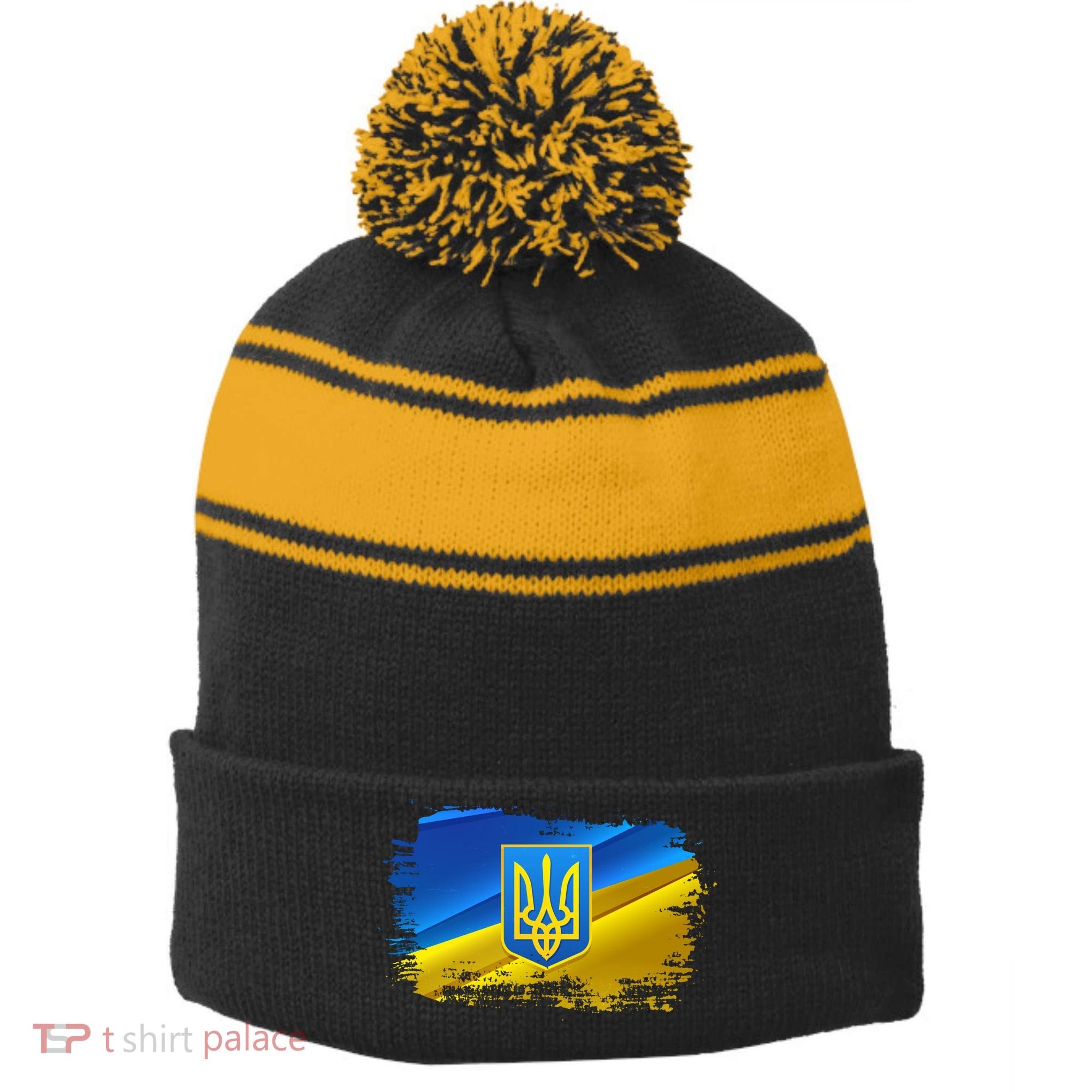 Stand With Ukraine Distressed Coat Of Arms Crest Flag Stripe Pom Pom Beanie