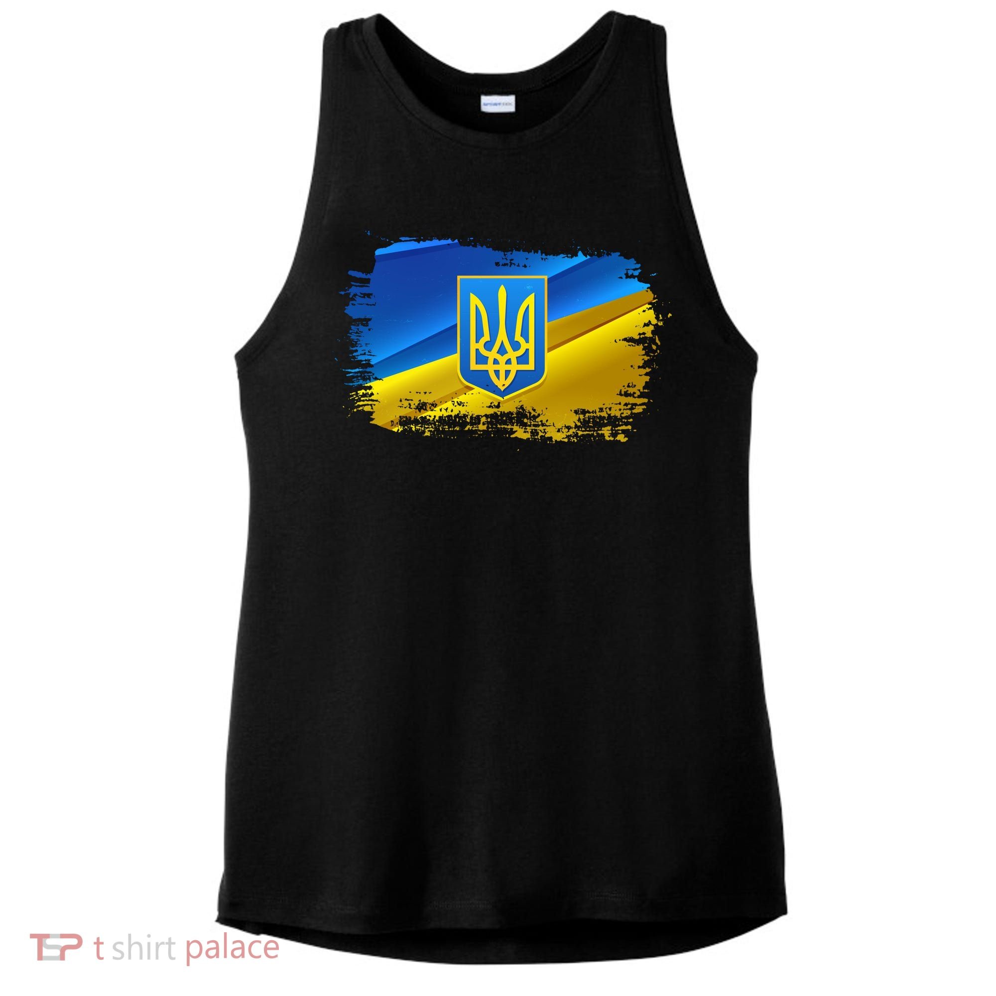 Stand With Ukraine Distressed Coat Of Arms Crest Flag Ladies PosiCharge Tri-Blend Wicking Tank
