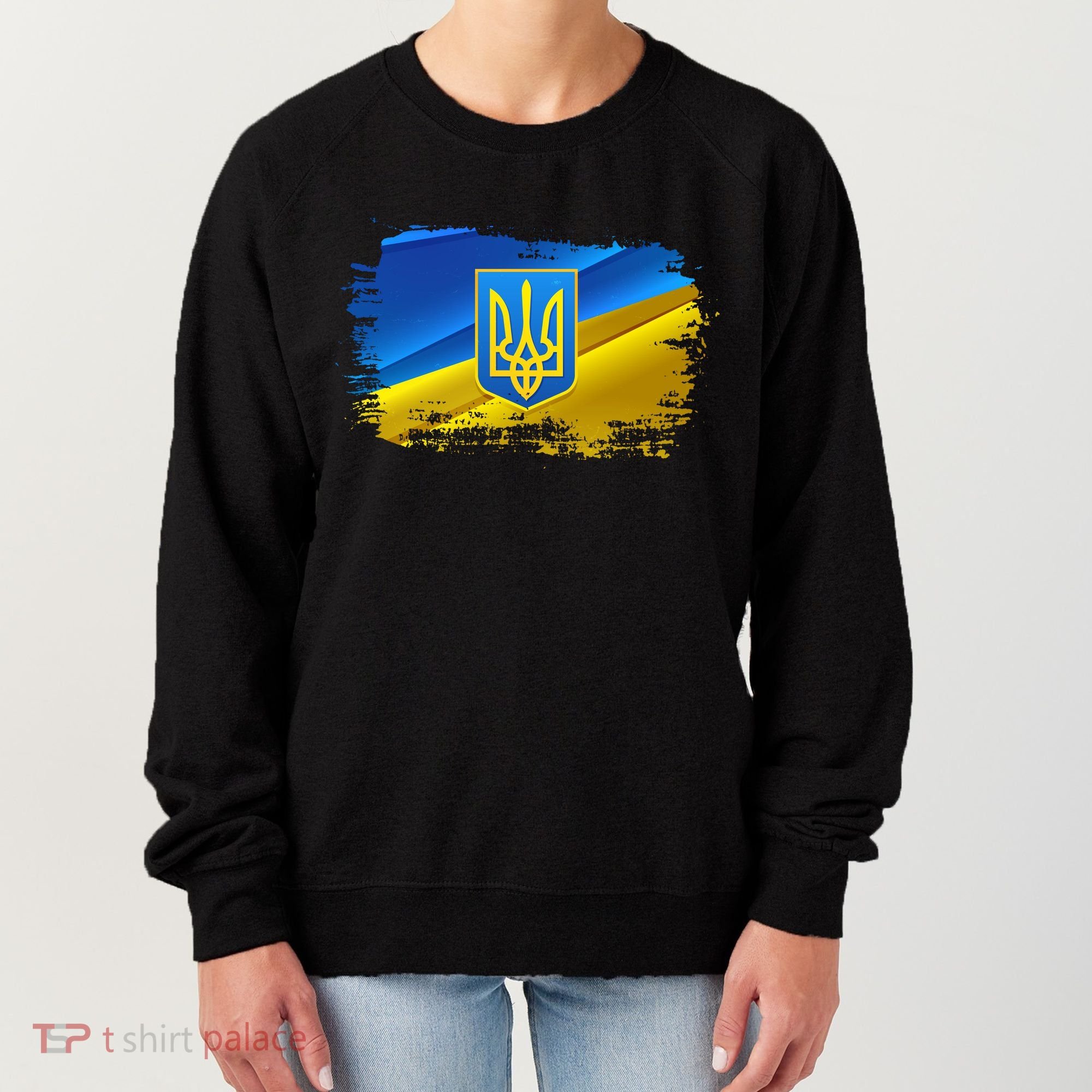 Stand With Ukraine Distressed Coat Of Arms Crest Flag Women's Sweatshirt