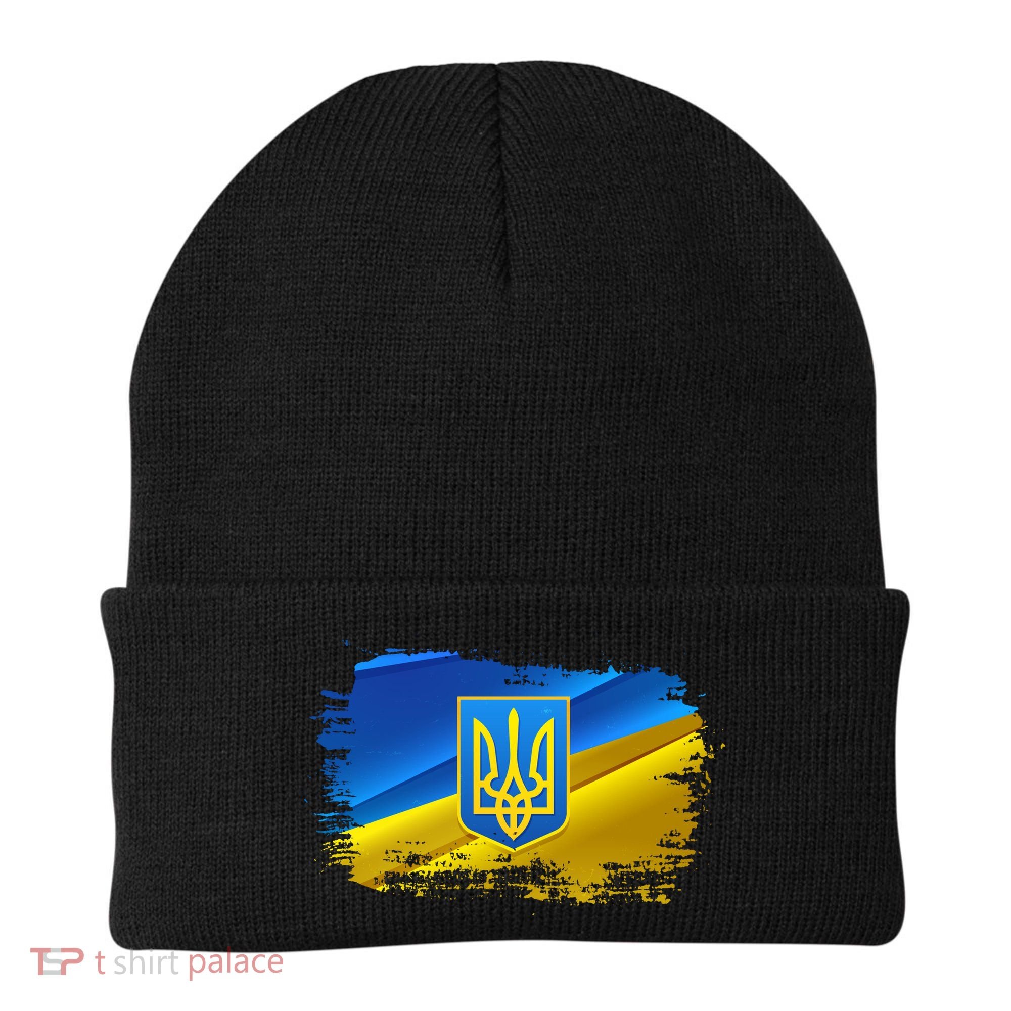 Stand With Ukraine Distressed Coat Of Arms Crest Flag Beanie