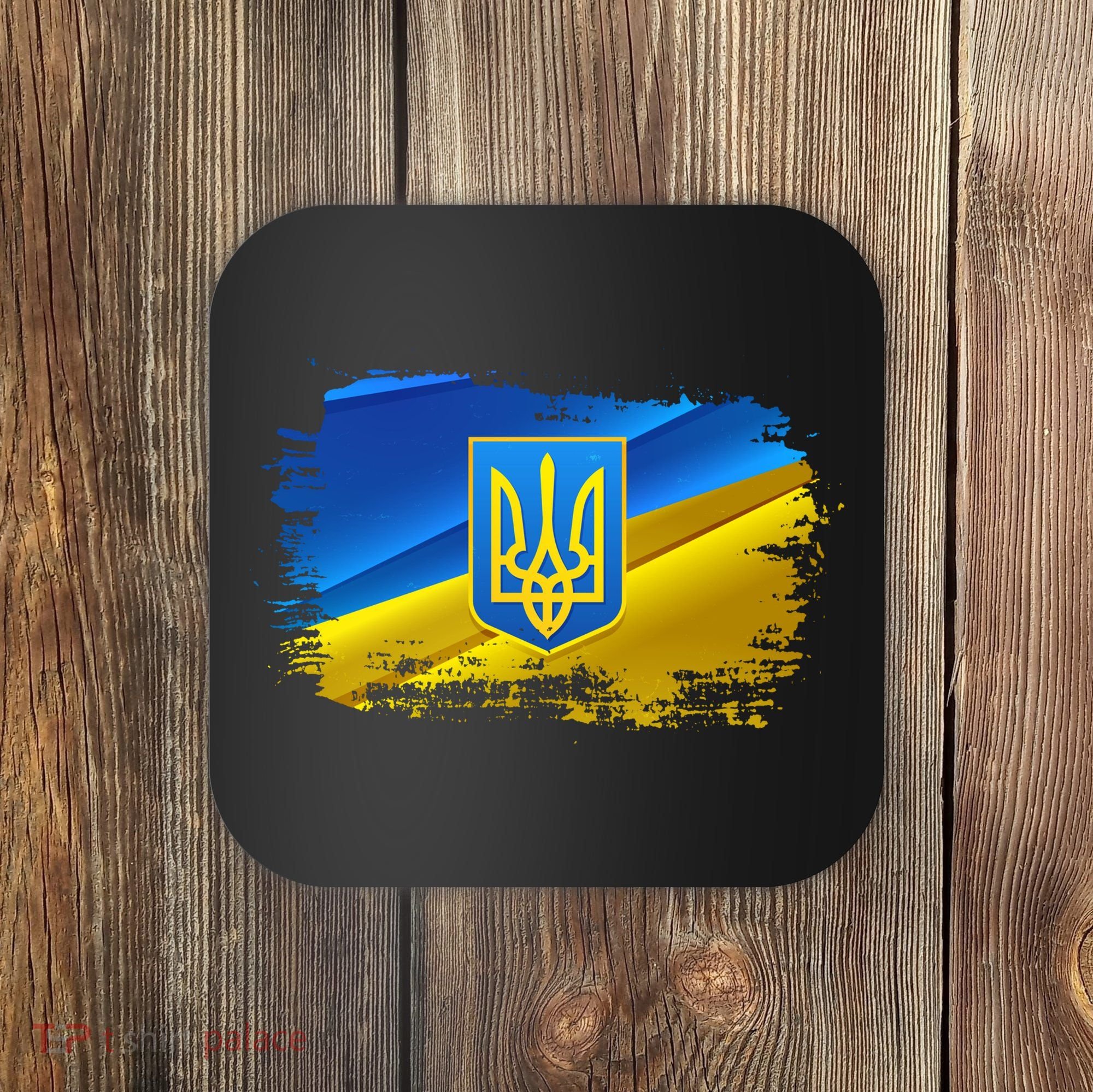 Stand With Ukraine Distressed Coat Of Arms Crest Flag Coaster