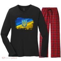 Stand With Ukraine Distressed Coat Of Arms Crest Flag Women's Long Sleeve Flannel Pajama Set  thumb 0