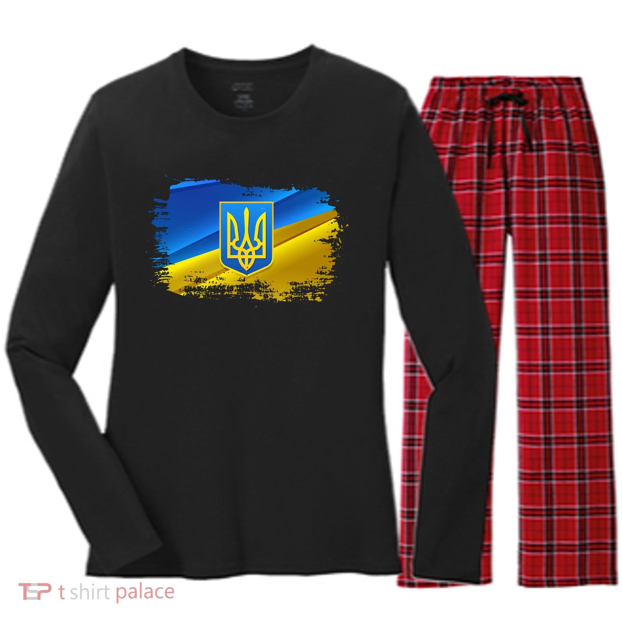 Stand With Ukraine Distressed Coat Of Arms Crest Flag Women's Long Sleeve Flannel Pajama Set 
