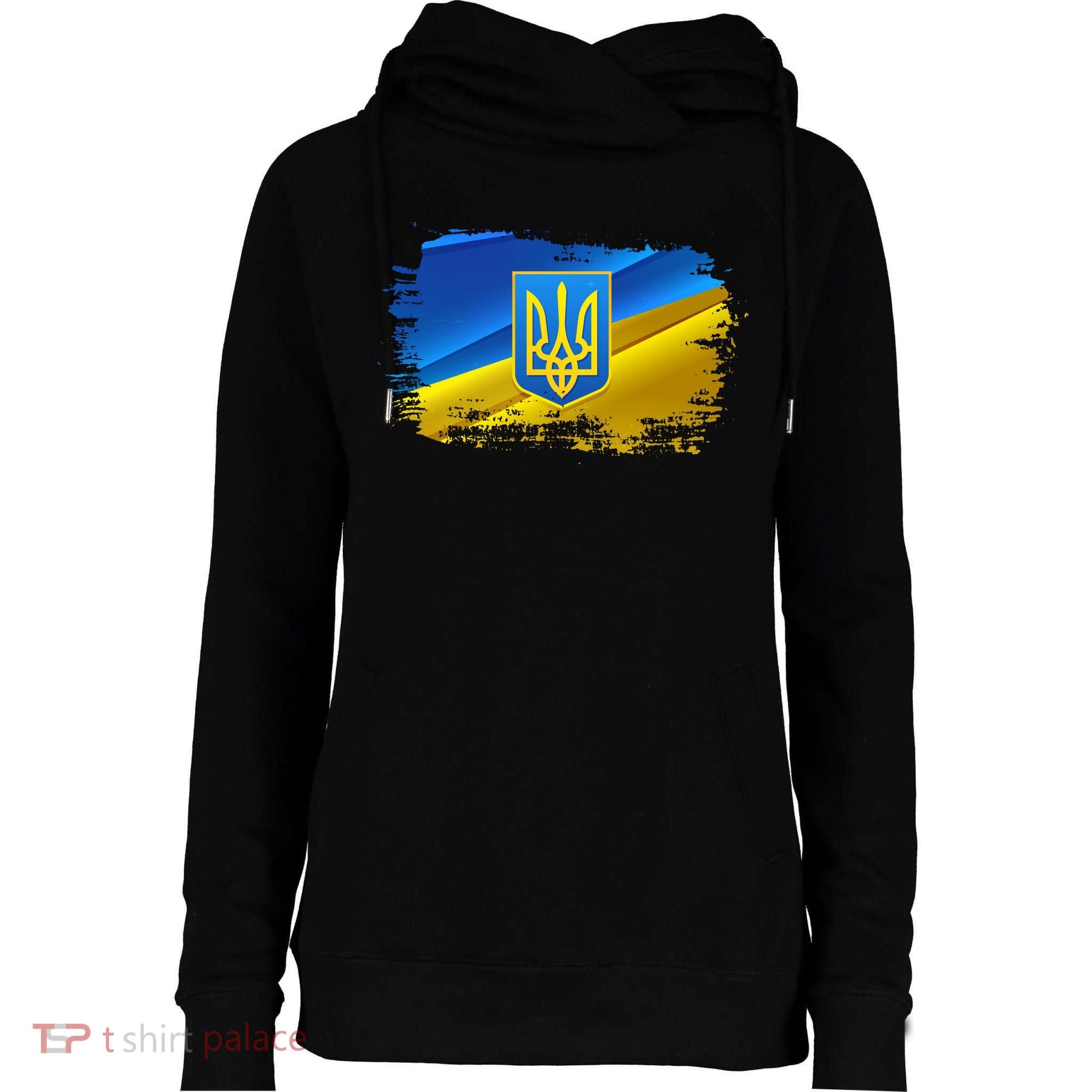 Stand With Ukraine Distressed Coat Of Arms Crest Flag Womens Funnel Neck Pullover Hood
