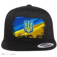Stand With Ukraine Distressed Coat Of Arms Crest Flag Flat Bill Trucker Hat thumb 0