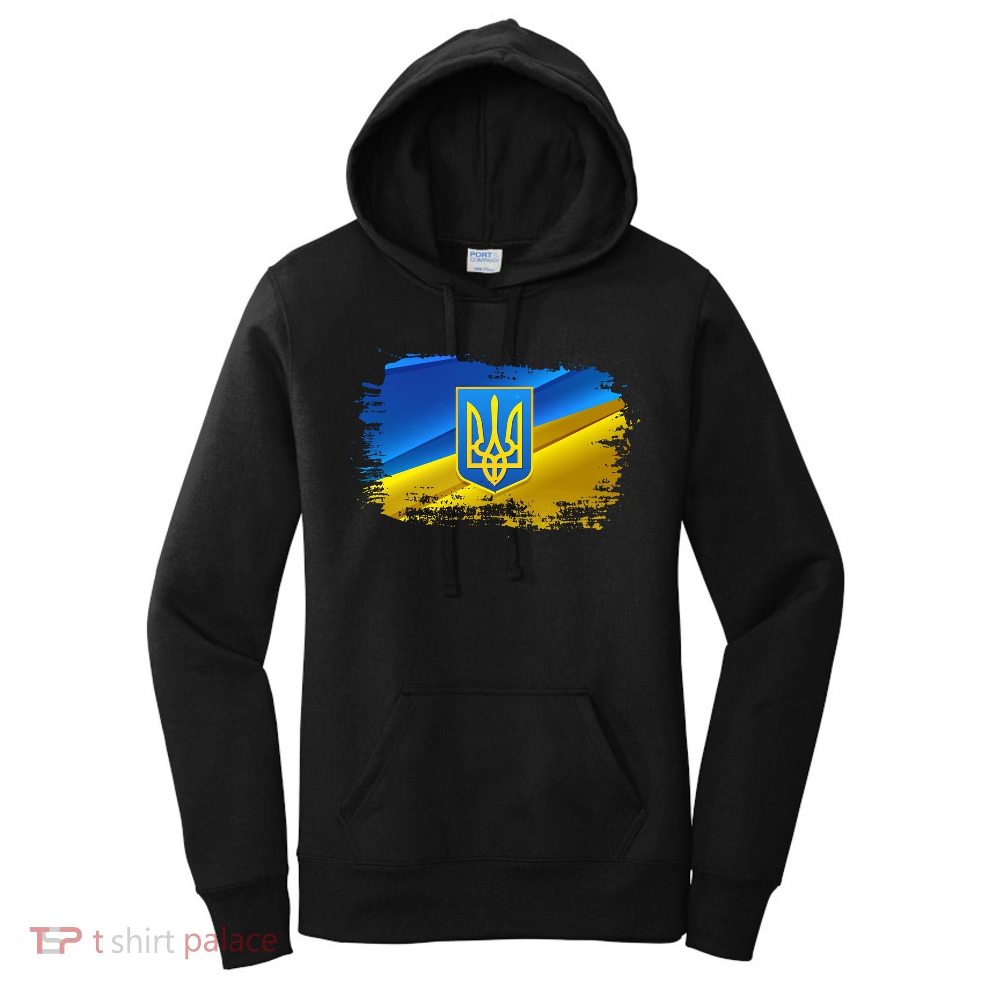 Stand With Ukraine Distressed Coat Of Arms Crest Flag Women's Hoodie