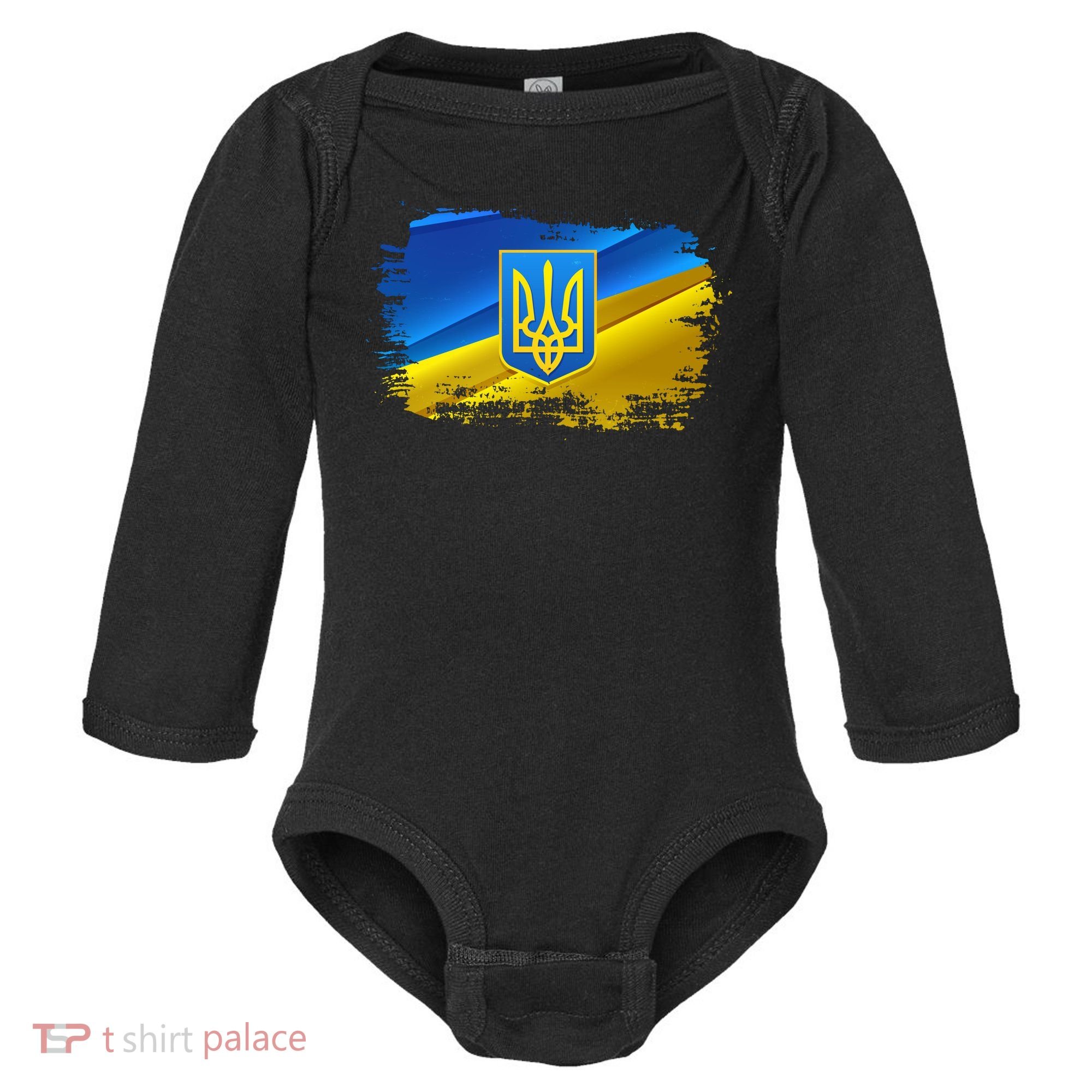 Stand With Ukraine Distressed Coat Of Arms Crest Flag Baby Long Sleeve Bodysuit