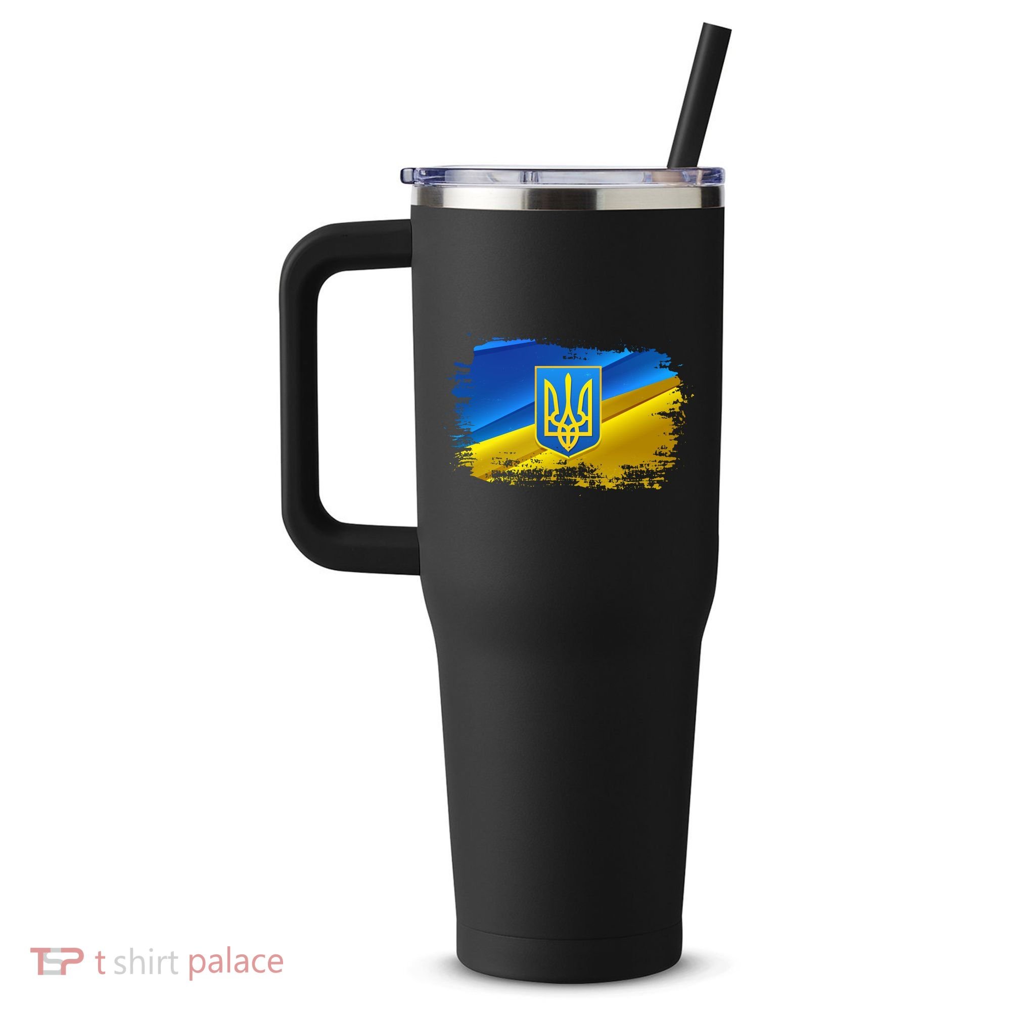 Stand With Ukraine Distressed Coat Of Arms Crest Flag 40oz Vacuum Insulated Stainless Steel Travel Tumbler
