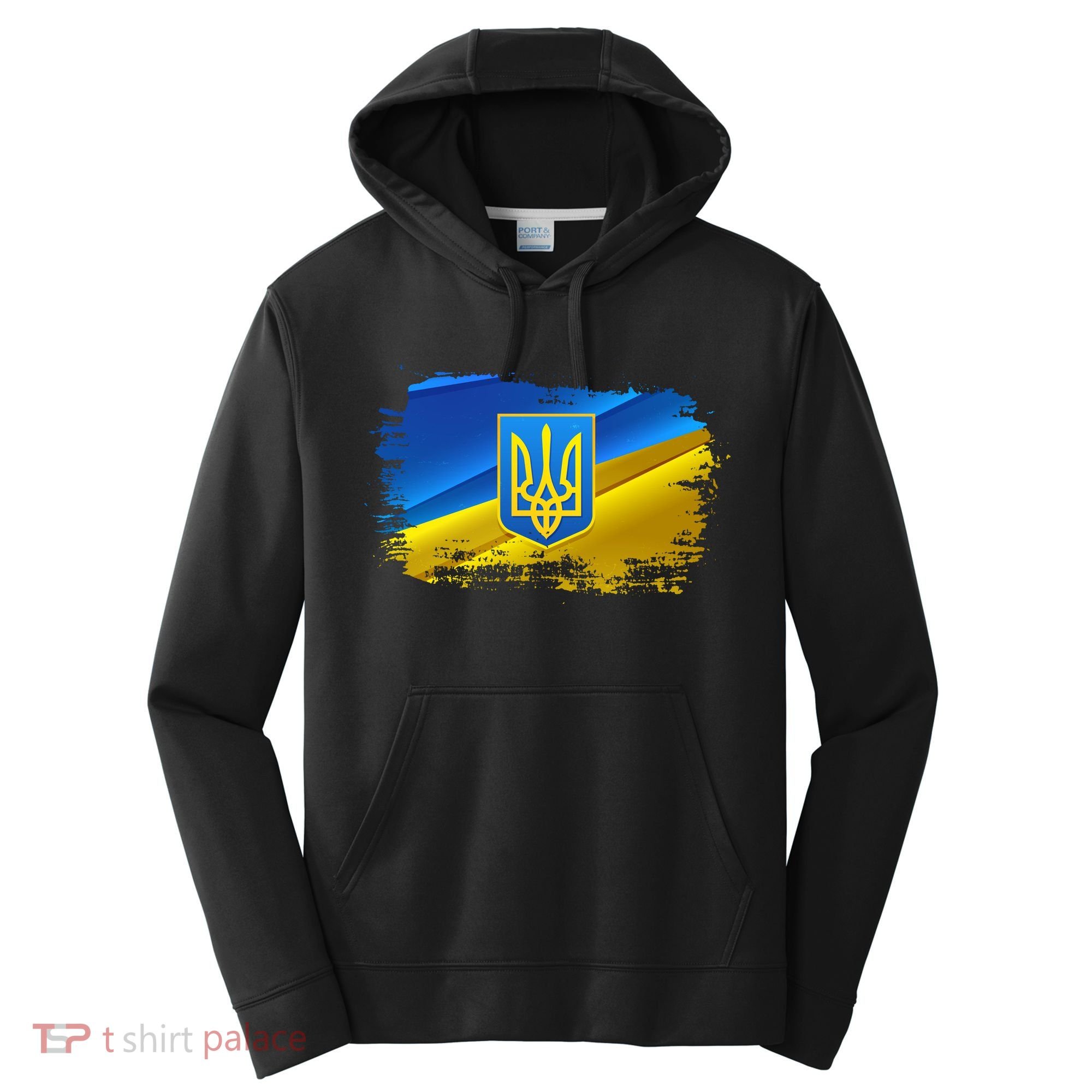 Stand With Ukraine Distressed Coat Of Arms Crest Flag Performance Fleece Hoodie
