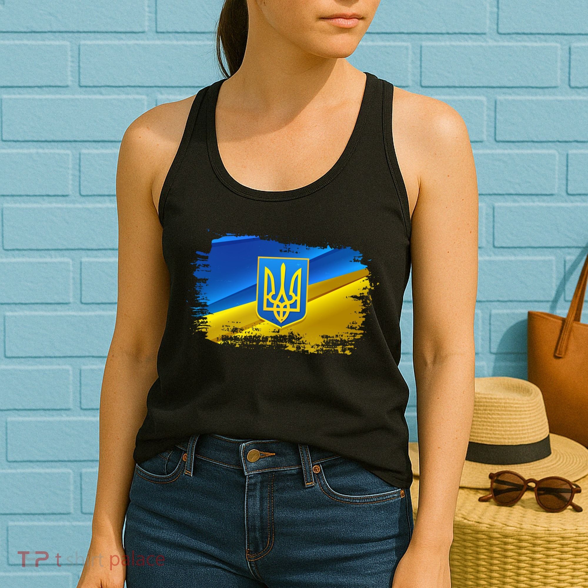 Stand With Ukraine Distressed Coat Of Arms Crest Flag Women's Tank Top