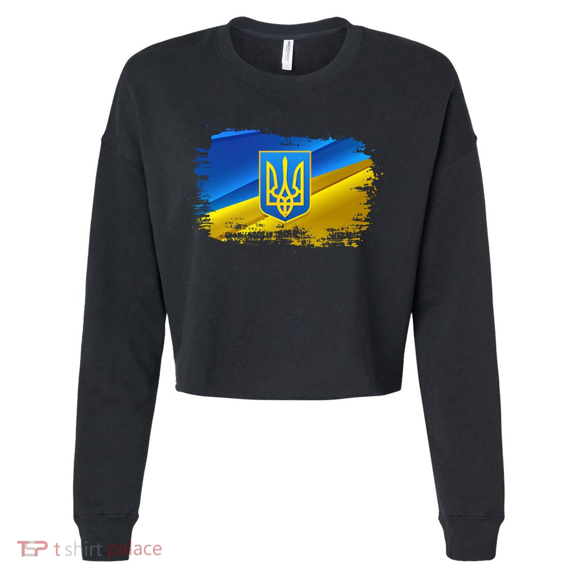 Stand With Ukraine Distressed Coat Of Arms Crest Flag Cropped Pullover Crew