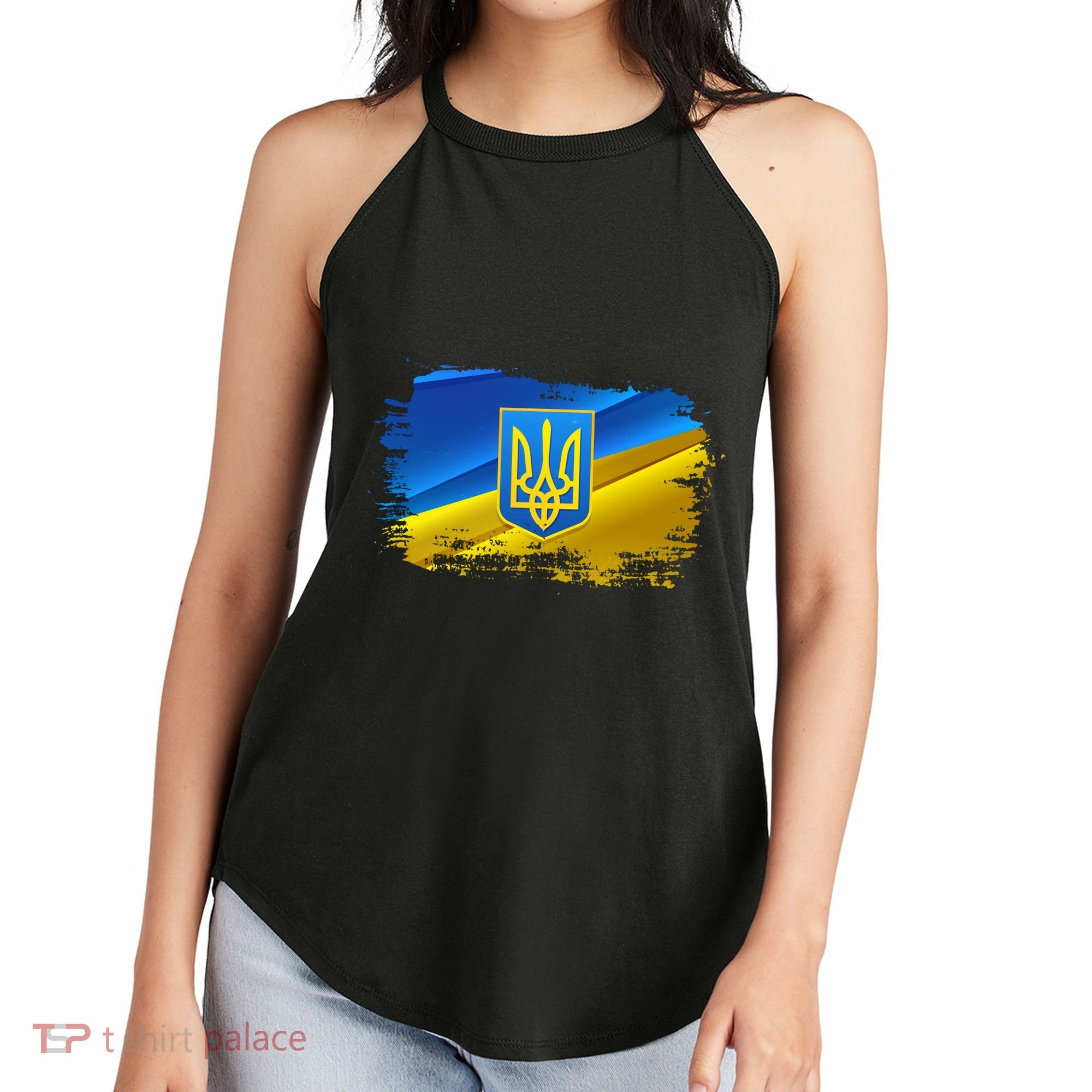 Stand With Ukraine Distressed Coat Of Arms Crest Flag Women's Perfect Tri Rocker Tank