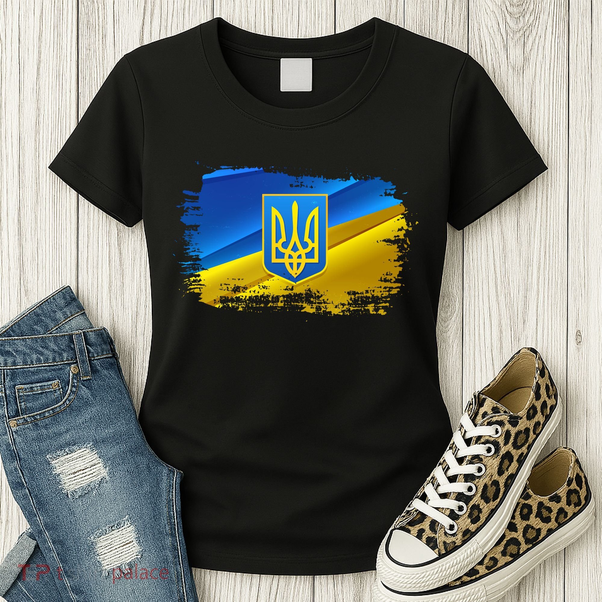 Stand With Ukraine Distressed Coat Of Arms Crest Flag Women's T-Shirt