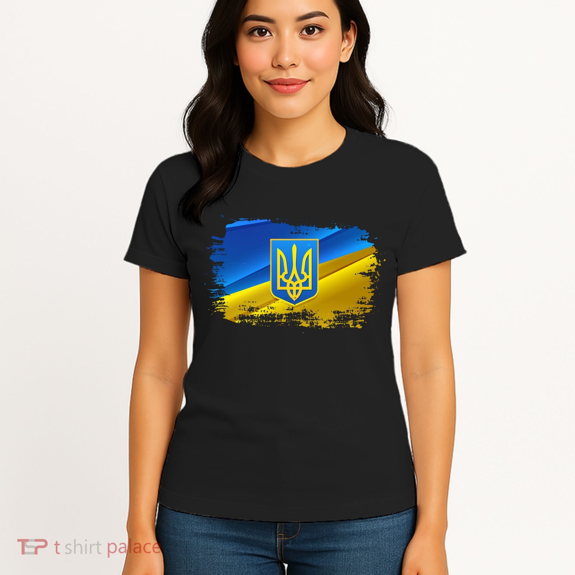 Stand With Ukraine Distressed Coat Of Arms Crest Flag Women's T-Shirt
