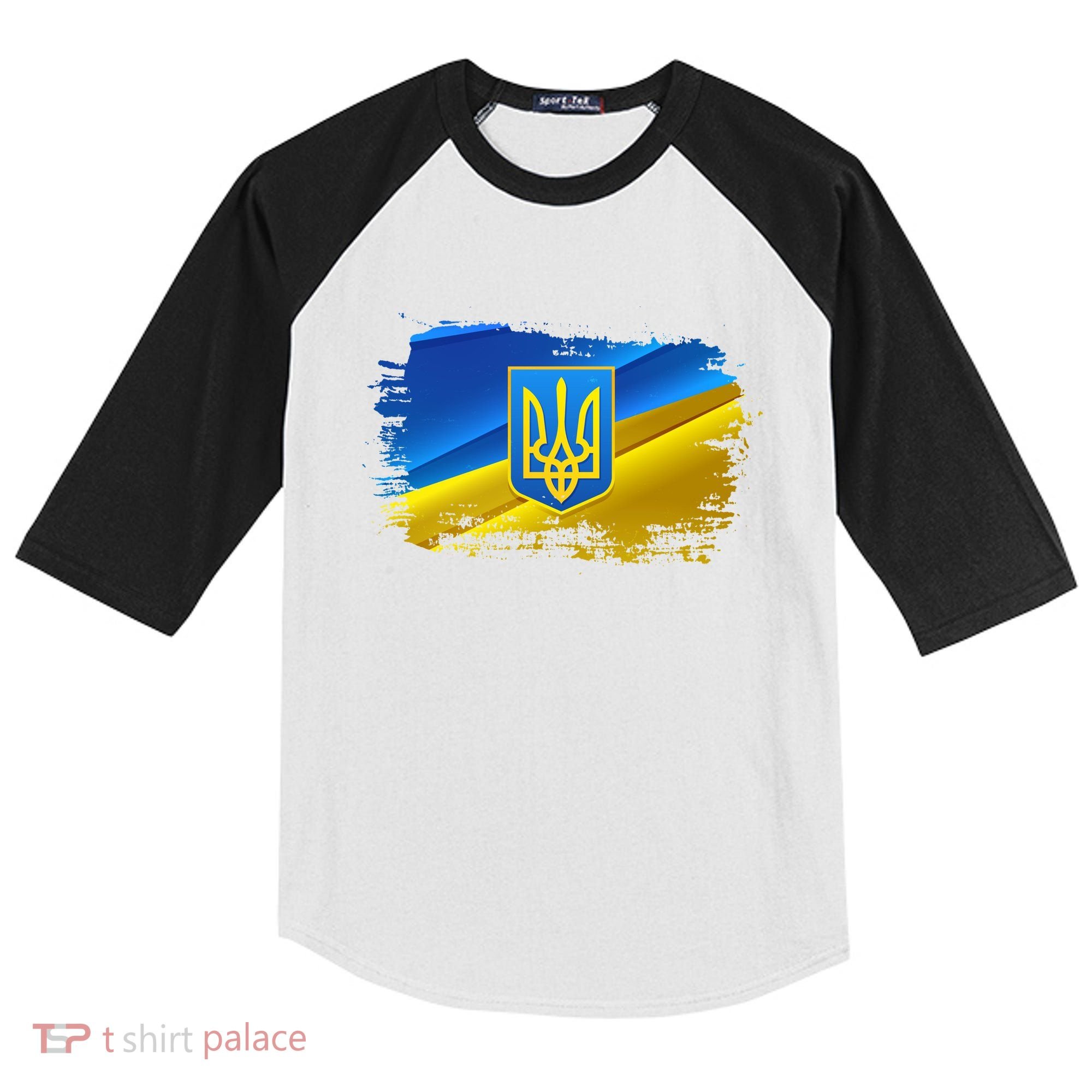 Stand With Ukraine Distressed Coat Of Arms Crest Flag Kids Colorblock Raglan Jersey