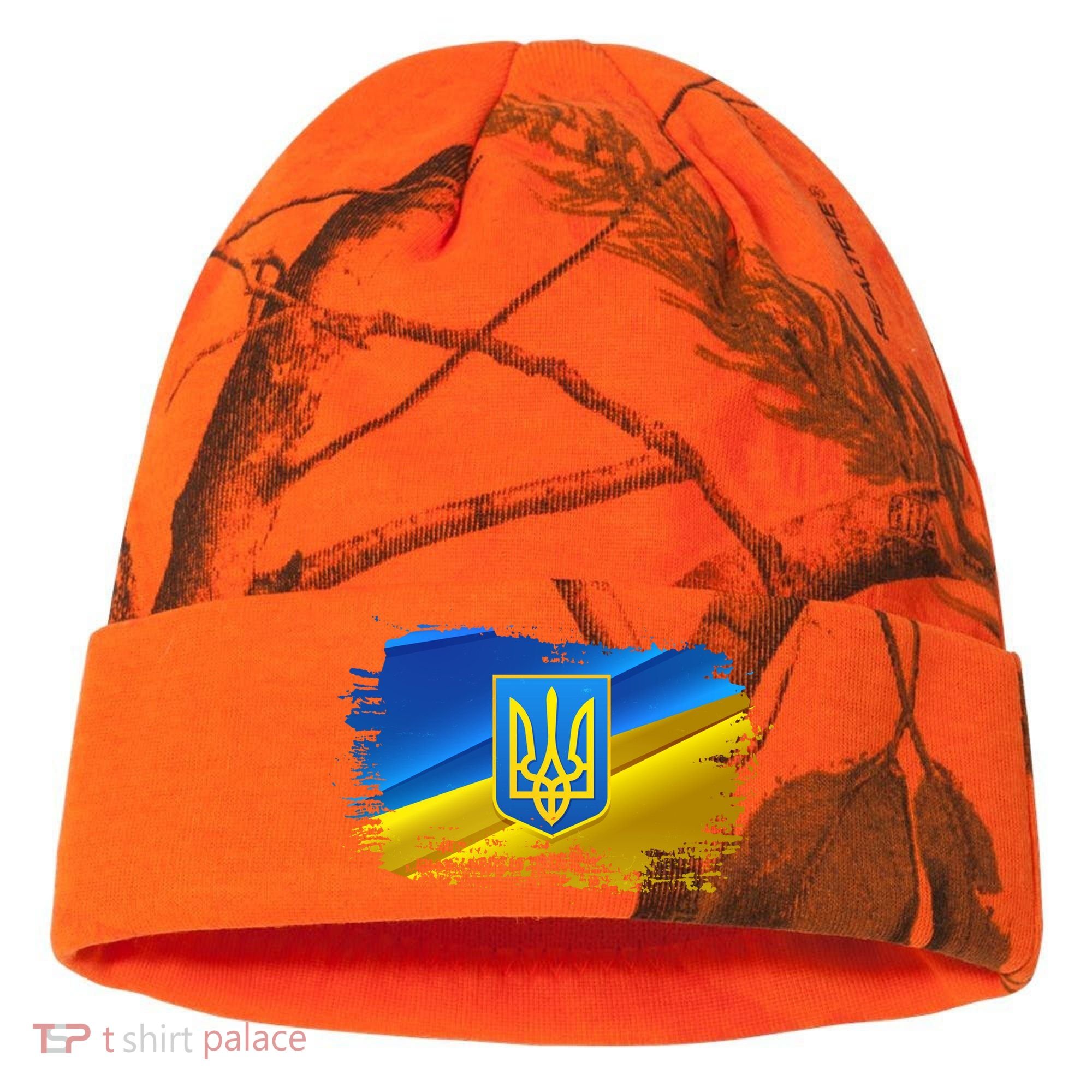 Stand With Ukraine Distressed Coat Of Arms Crest Flag Kati Licensed 12" Camo Cuffed Beanie