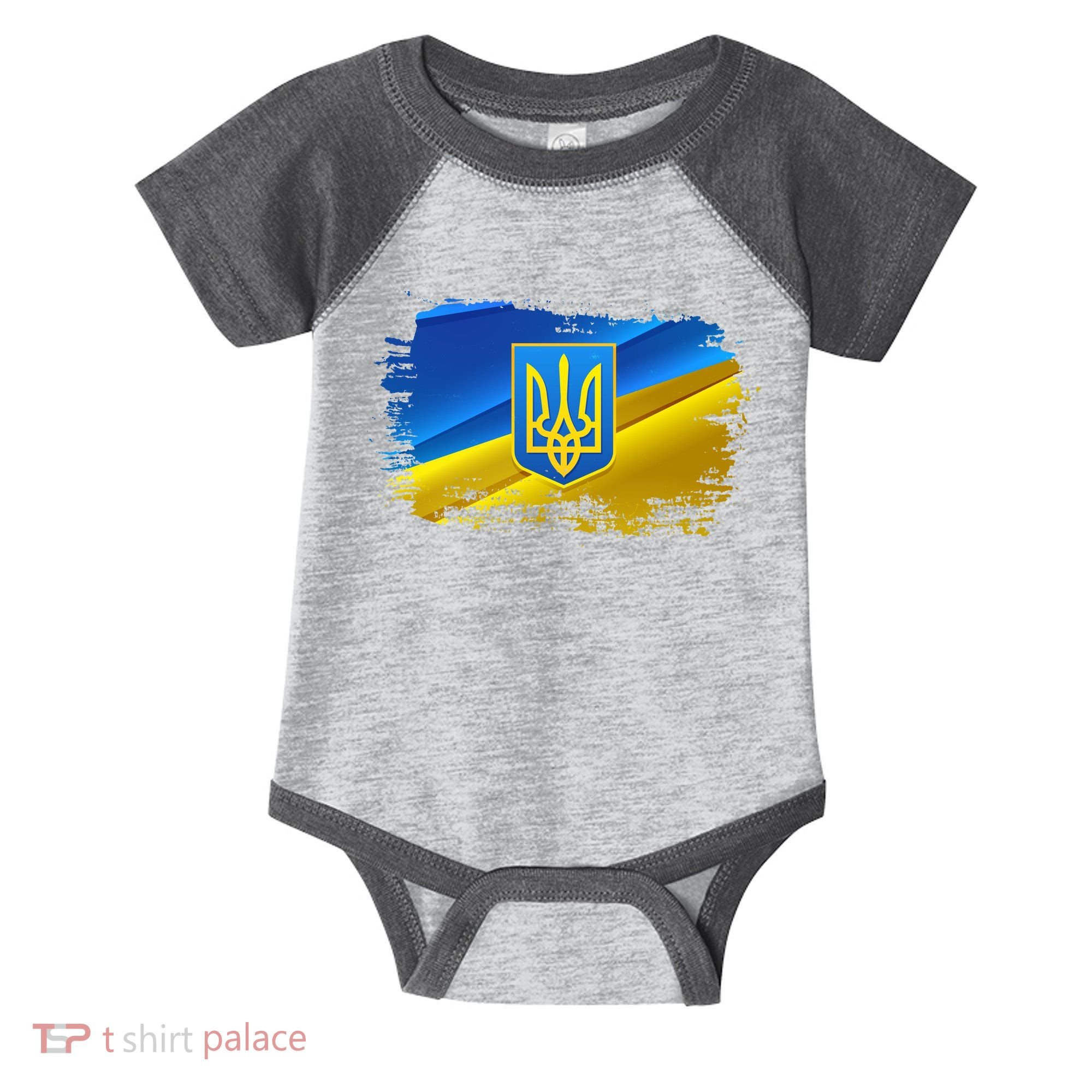 Stand With Ukraine Distressed Coat Of Arms Crest Flag Infant Baby Jersey Bodysuit