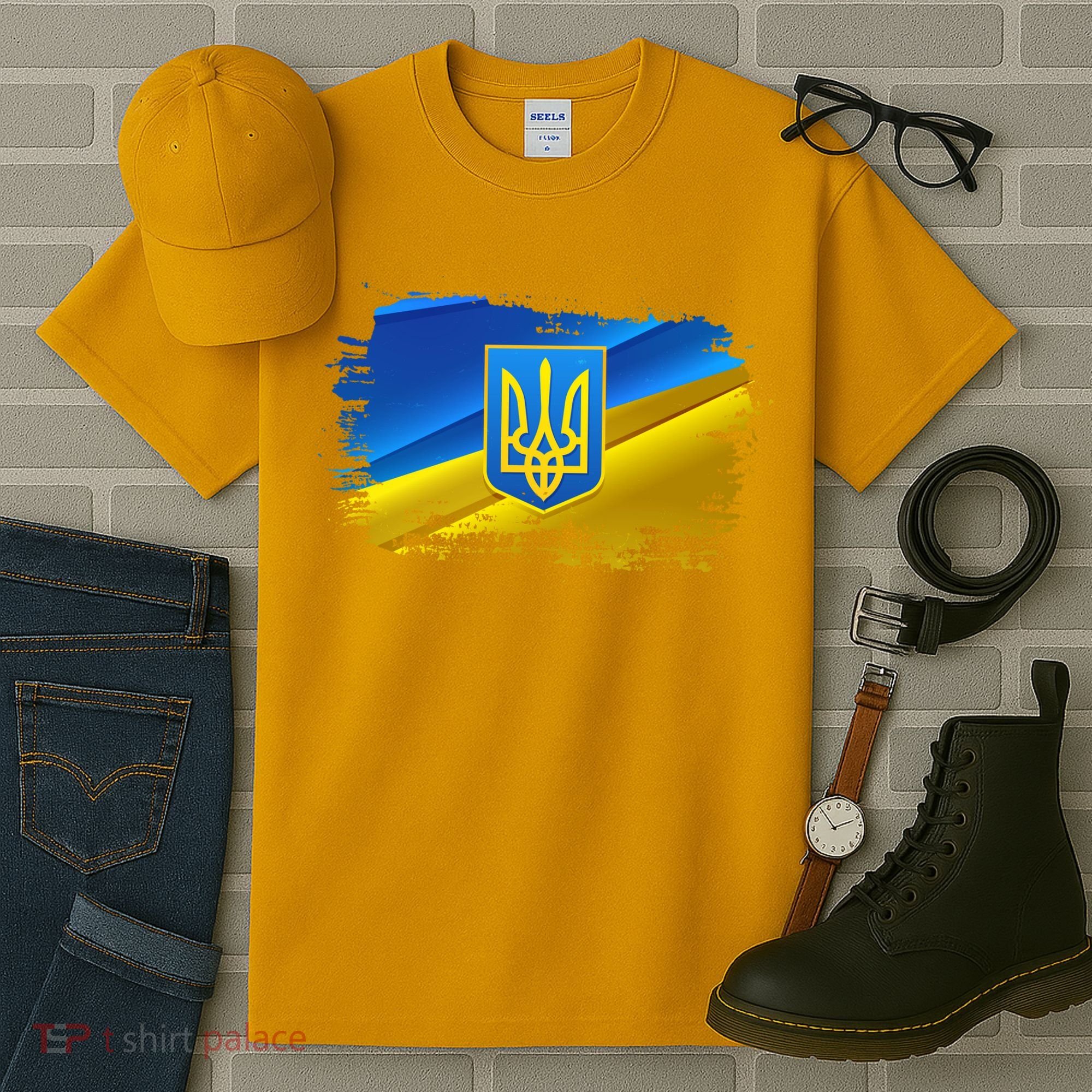 Stand With Ukraine Distressed Coat Of Arms Crest Flag Tall T-Shirt