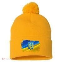 Stand With Ukraine Distressed Coat Of Arms Crest Flag Pom Pom 12in Knit Beanie thumb 0