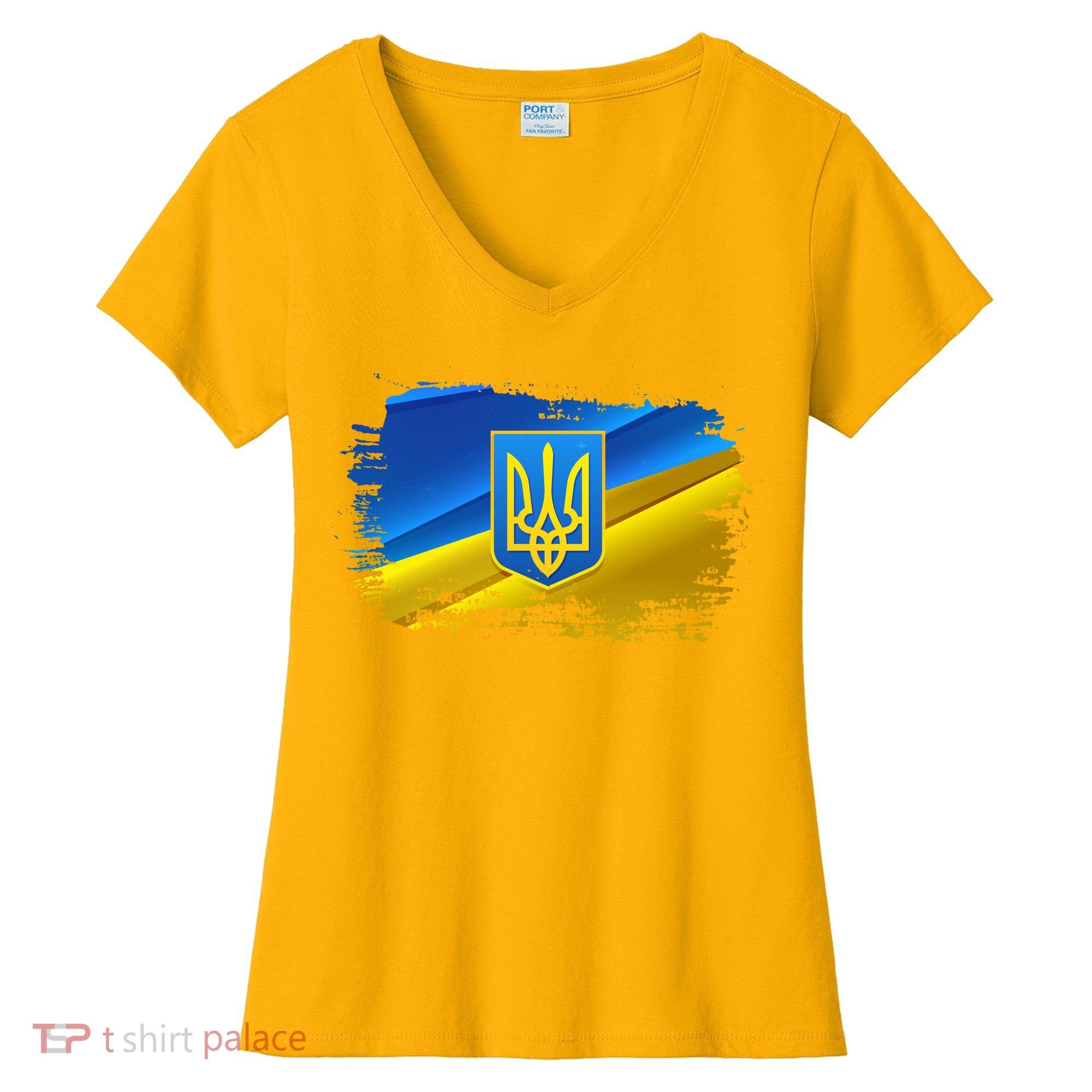 Stand With Ukraine Distressed Coat Of Arms Crest Flag Women's V-Neck T-Shirt