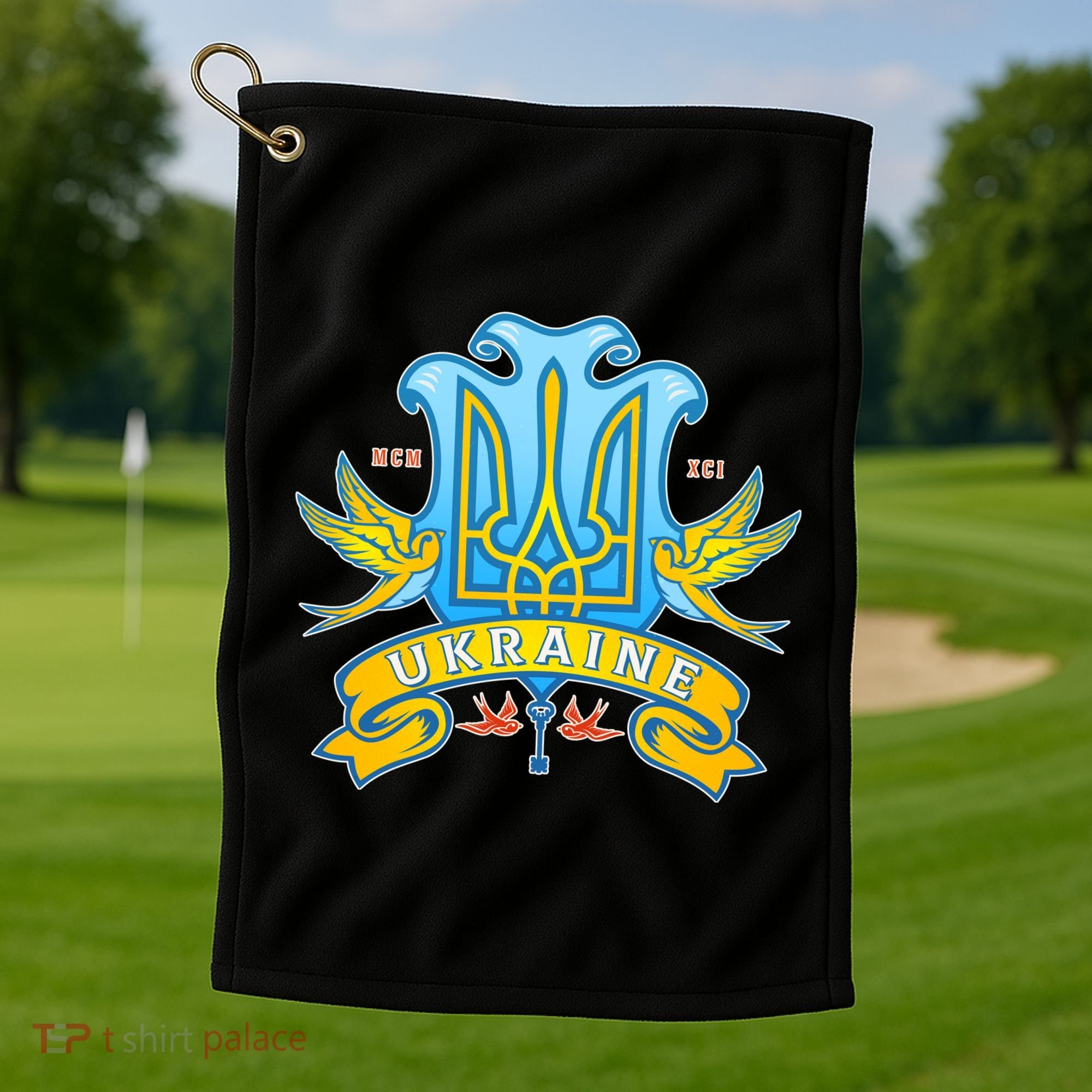 Stand With Ukraine Coat Of Arms Crest Peace Doves Golf Towel
