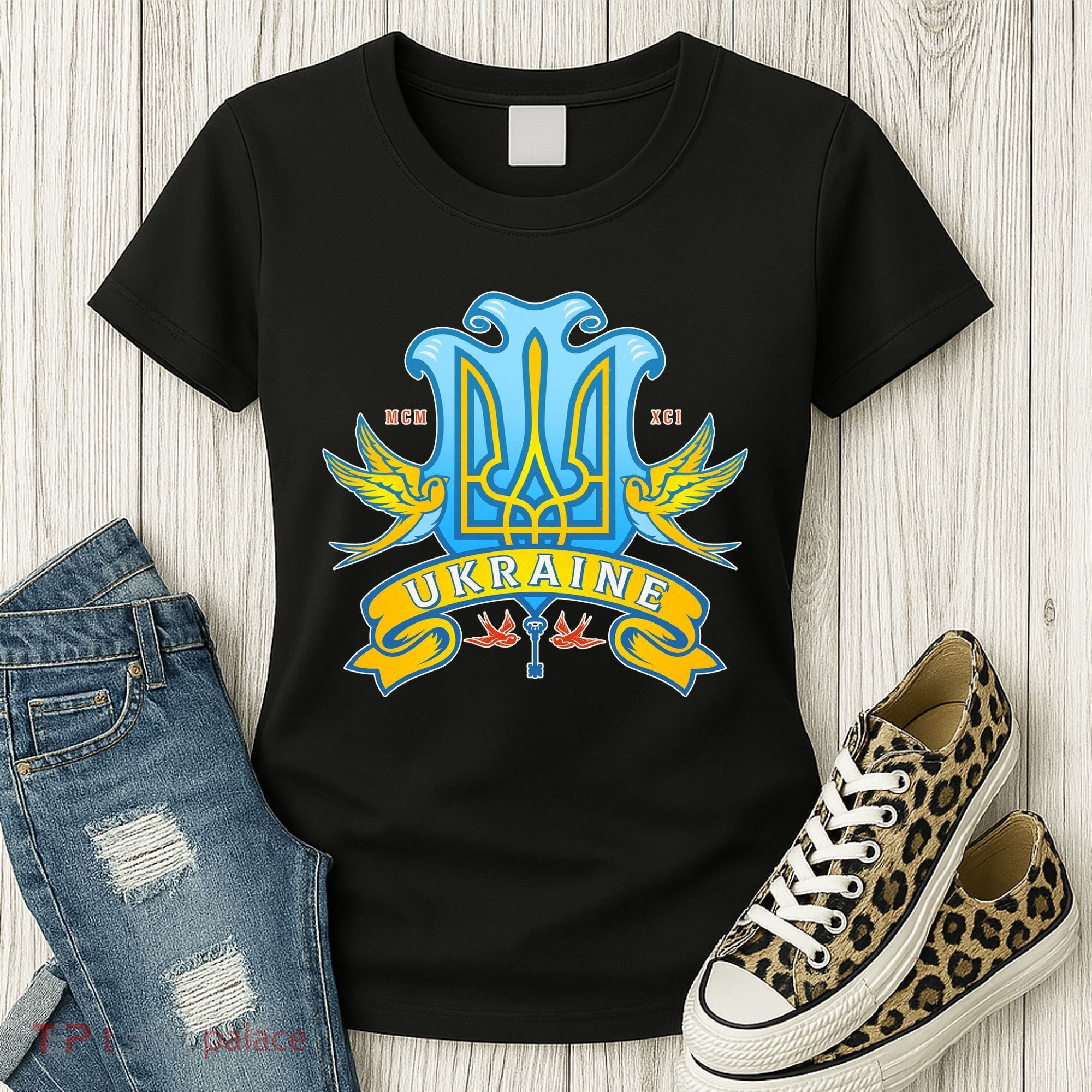 Stand With Ukraine Coat Of Arms Crest Peace Doves Women's T-Shirt