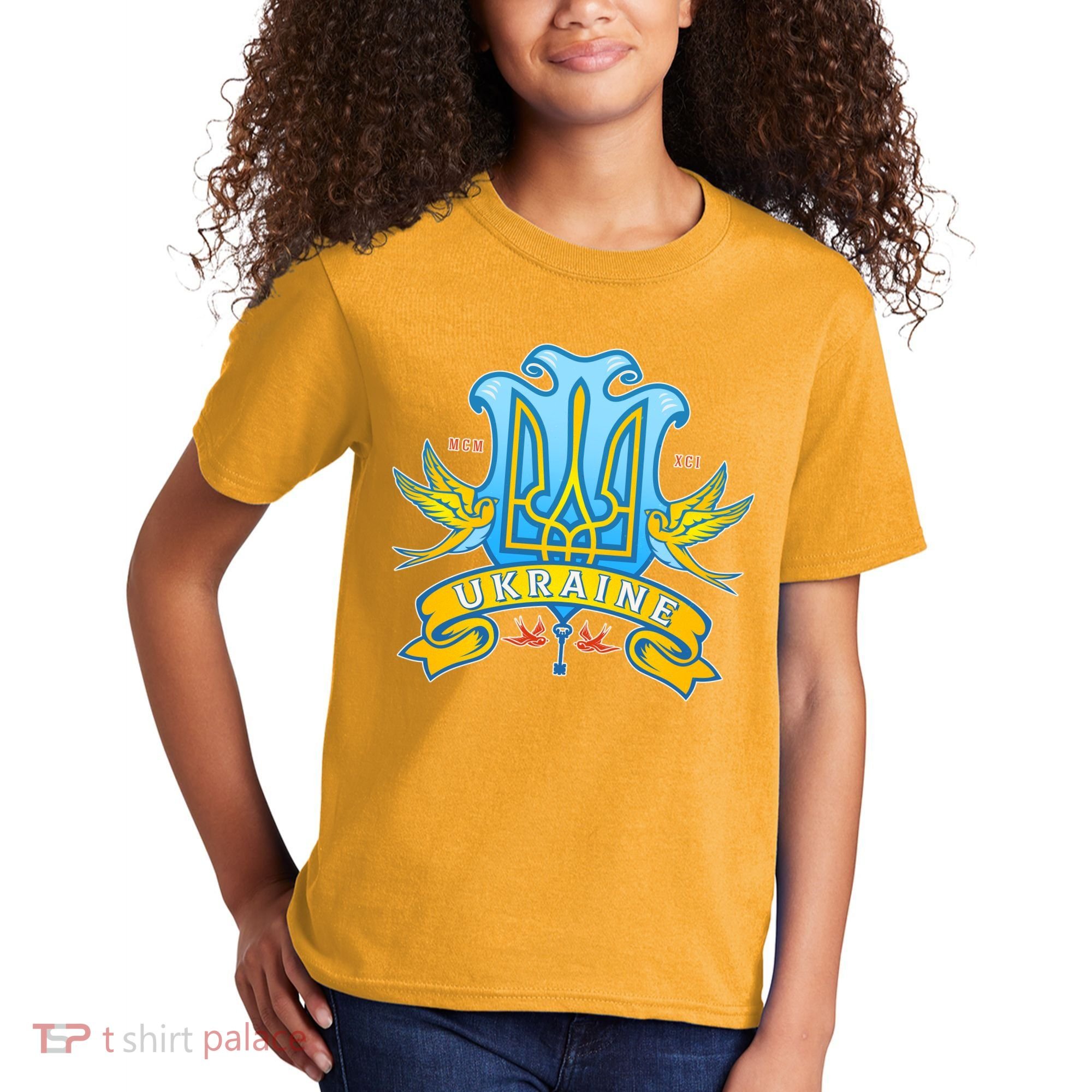 Stand With Ukraine Coat Of Arms Crest Peace Doves Kids T-Shirt