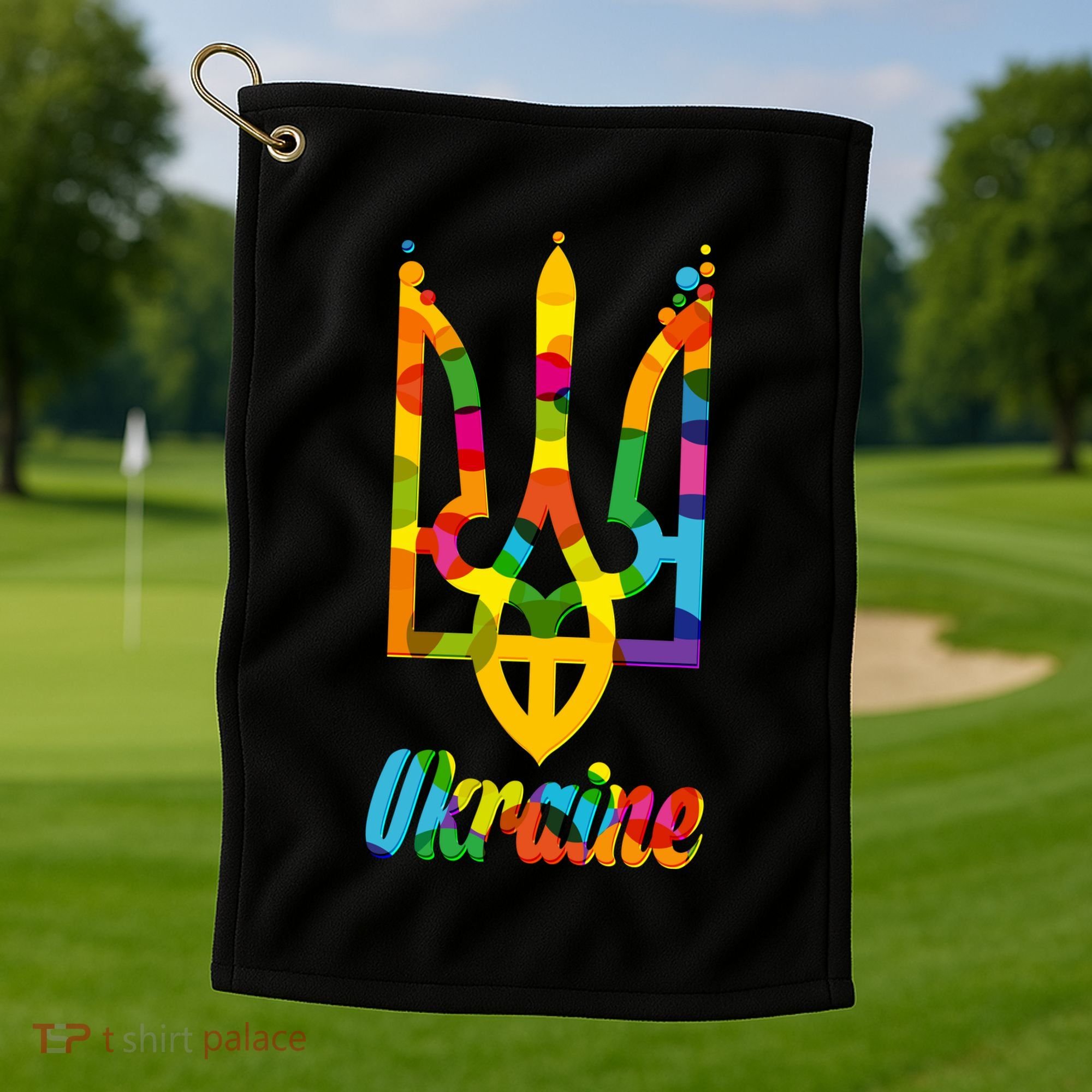 Stand With Ukraine Rainbow Dots Coat Of Arms Golf Towel