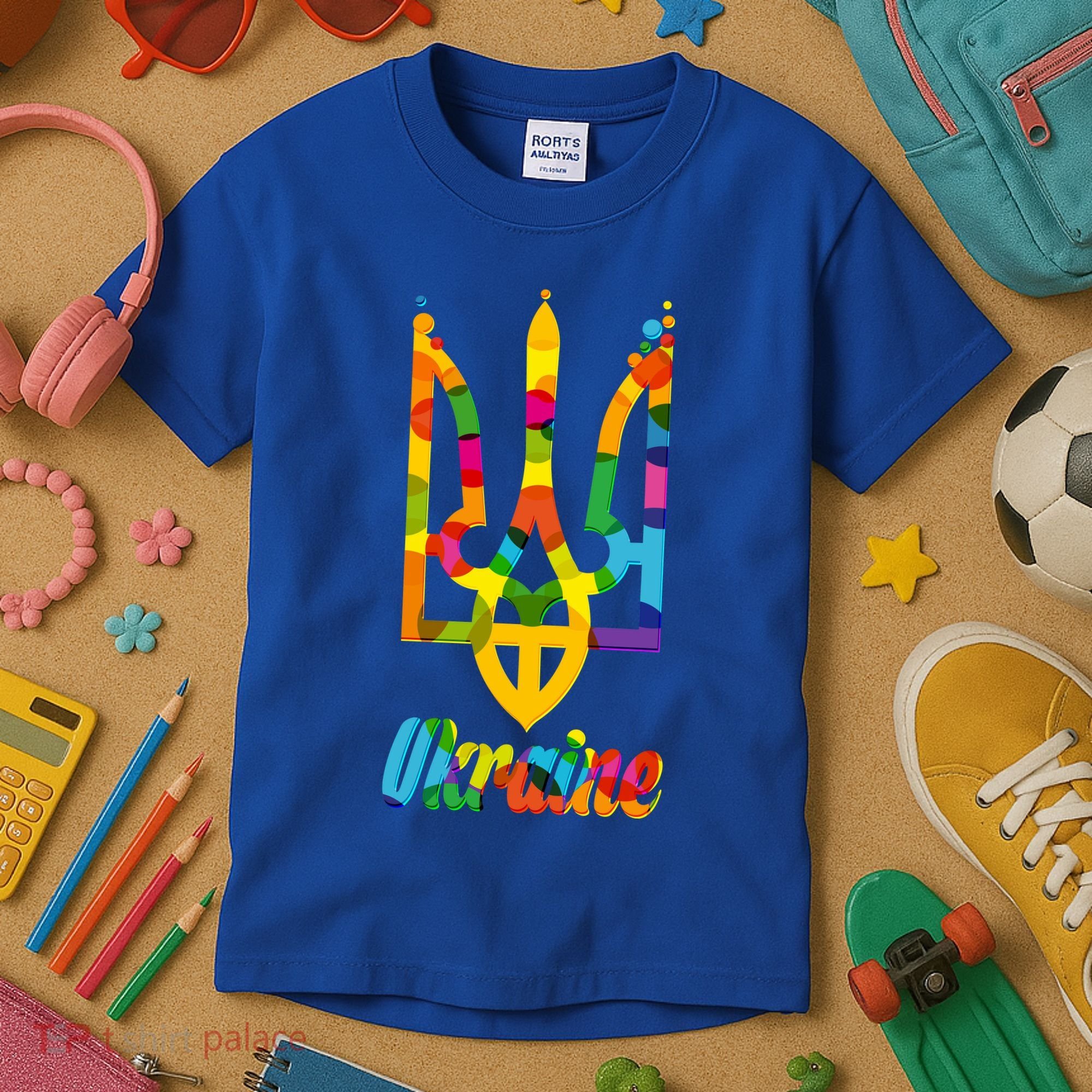 Stand With Ukraine Rainbow Dots Coat Of Arms Kids T-Shirt