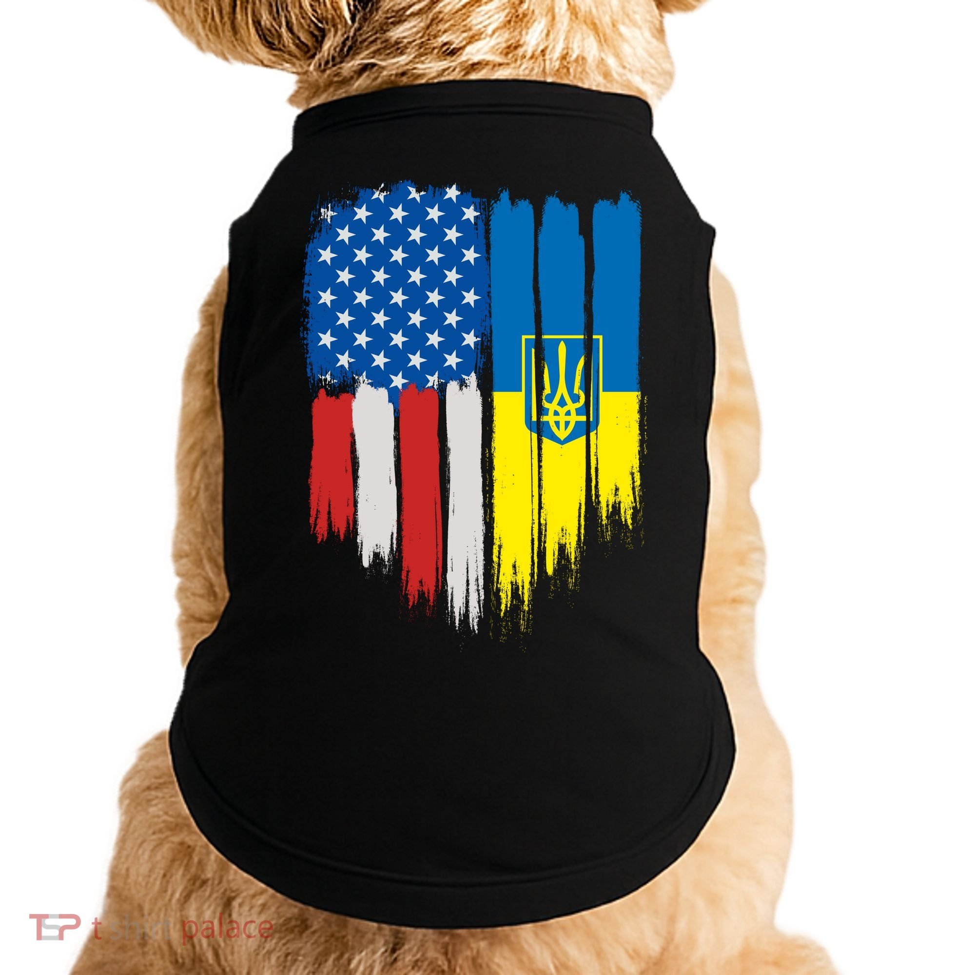 Stand With Ukraine Painted Distressed USA Ukrainian Flags Doggie Tank