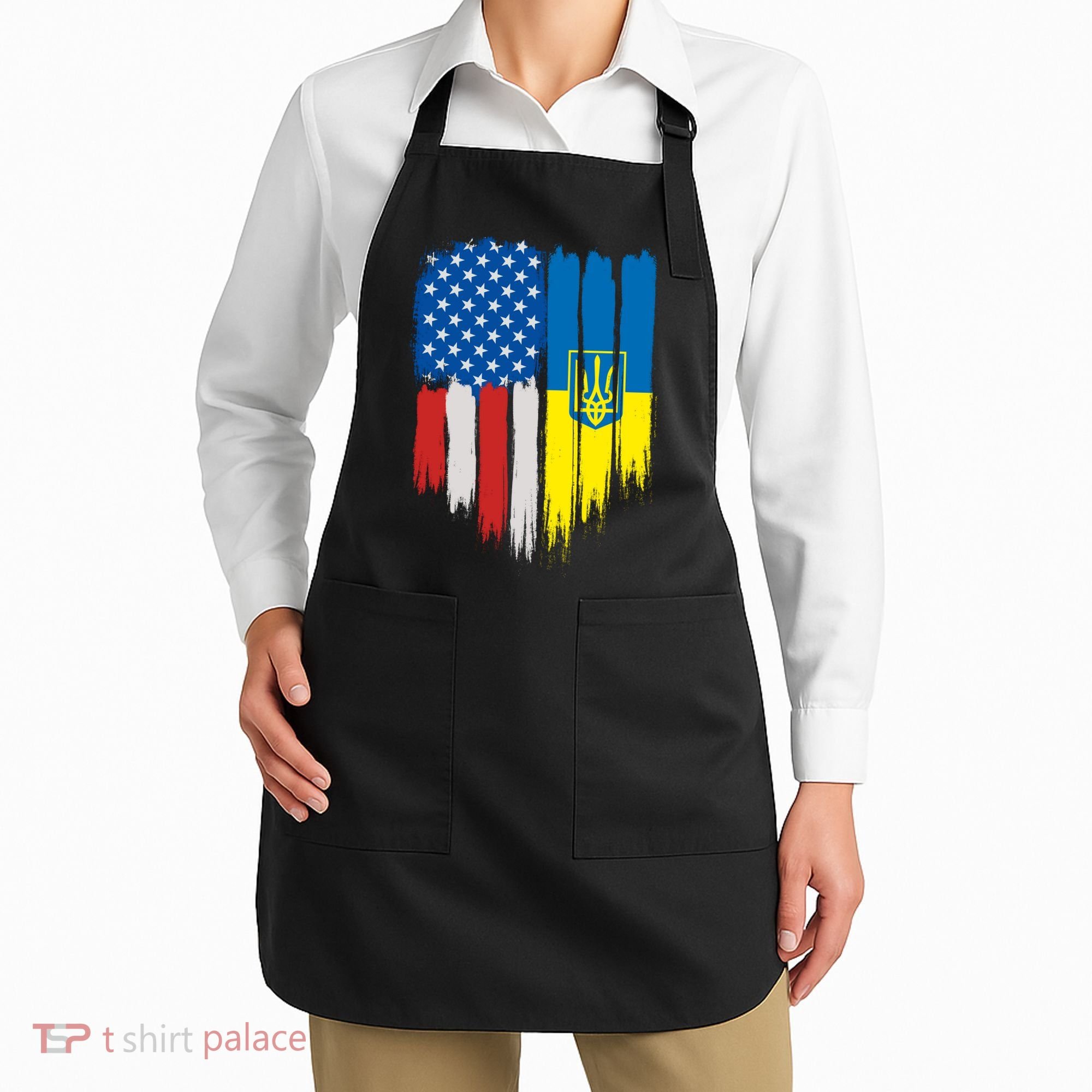 Stand With Ukraine Painted Distressed USA Ukrainian Flags Apron