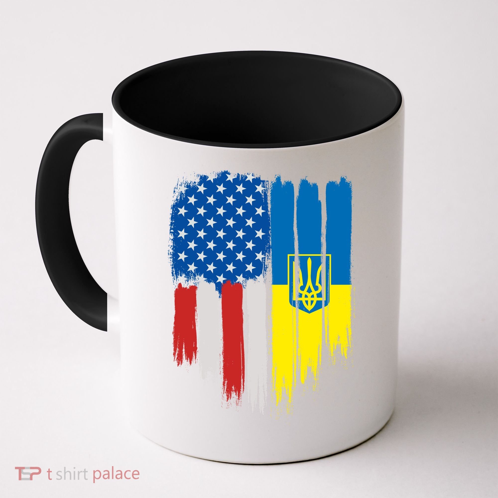 Stand With Ukraine Painted Distressed USA Ukrainian Flags Coffee Mug