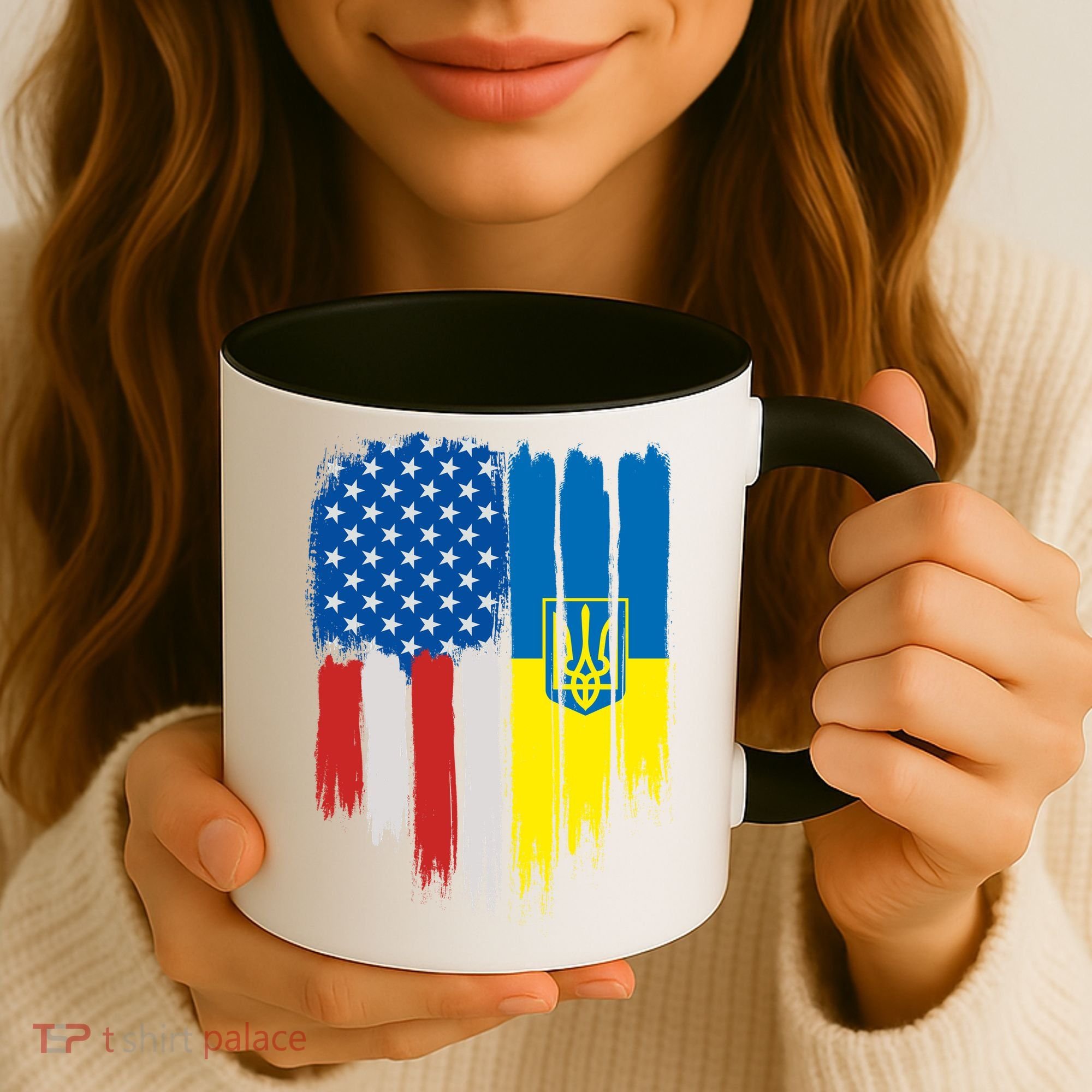 Stand With Ukraine Painted Distressed USA Ukrainian Flags Coffee Mug