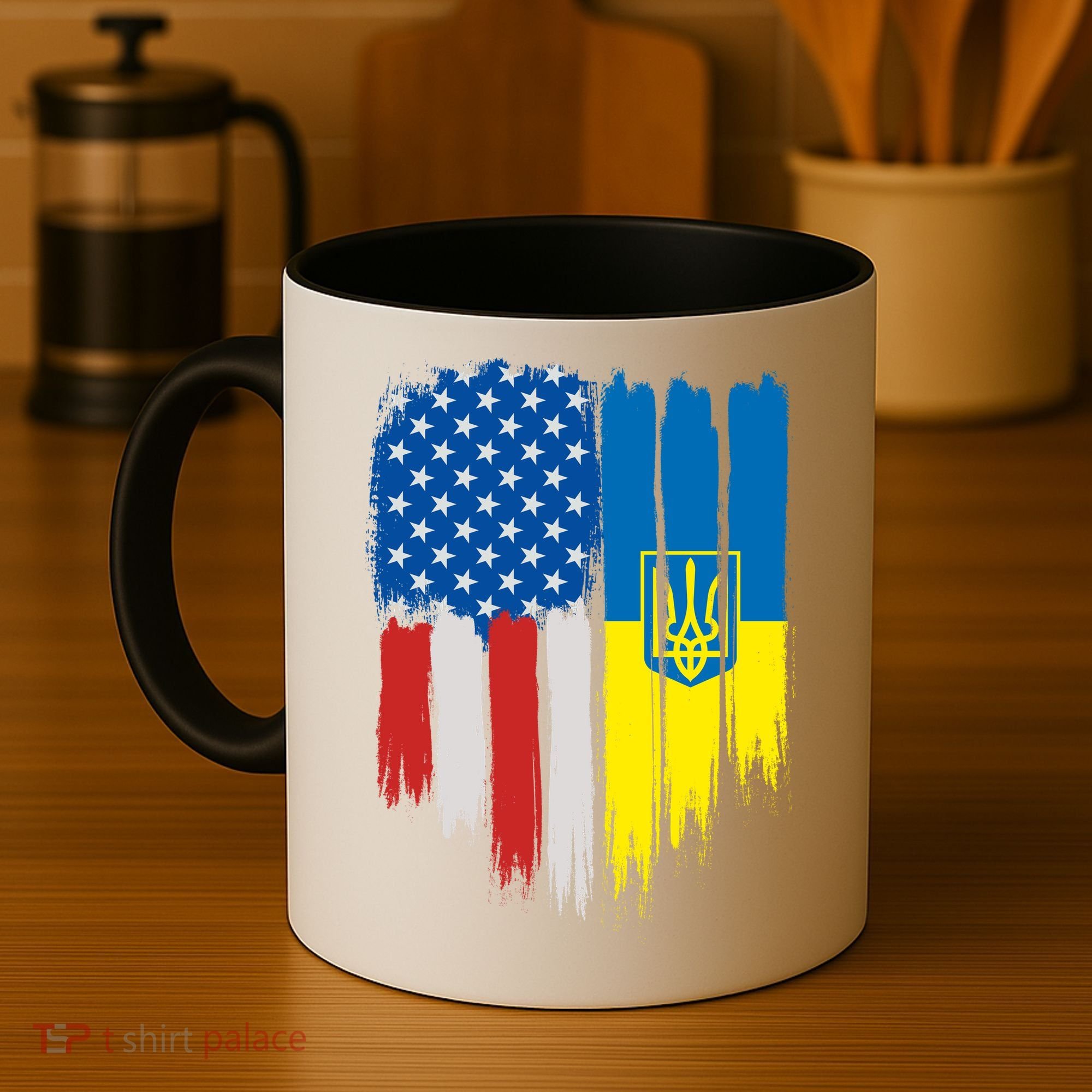 Stand With Ukraine Painted Distressed USA Ukrainian Flags Coffee Mug