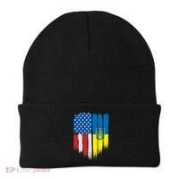Stand With Ukraine Painted Distressed USA Ukrainian Flags Beanie thumb 0