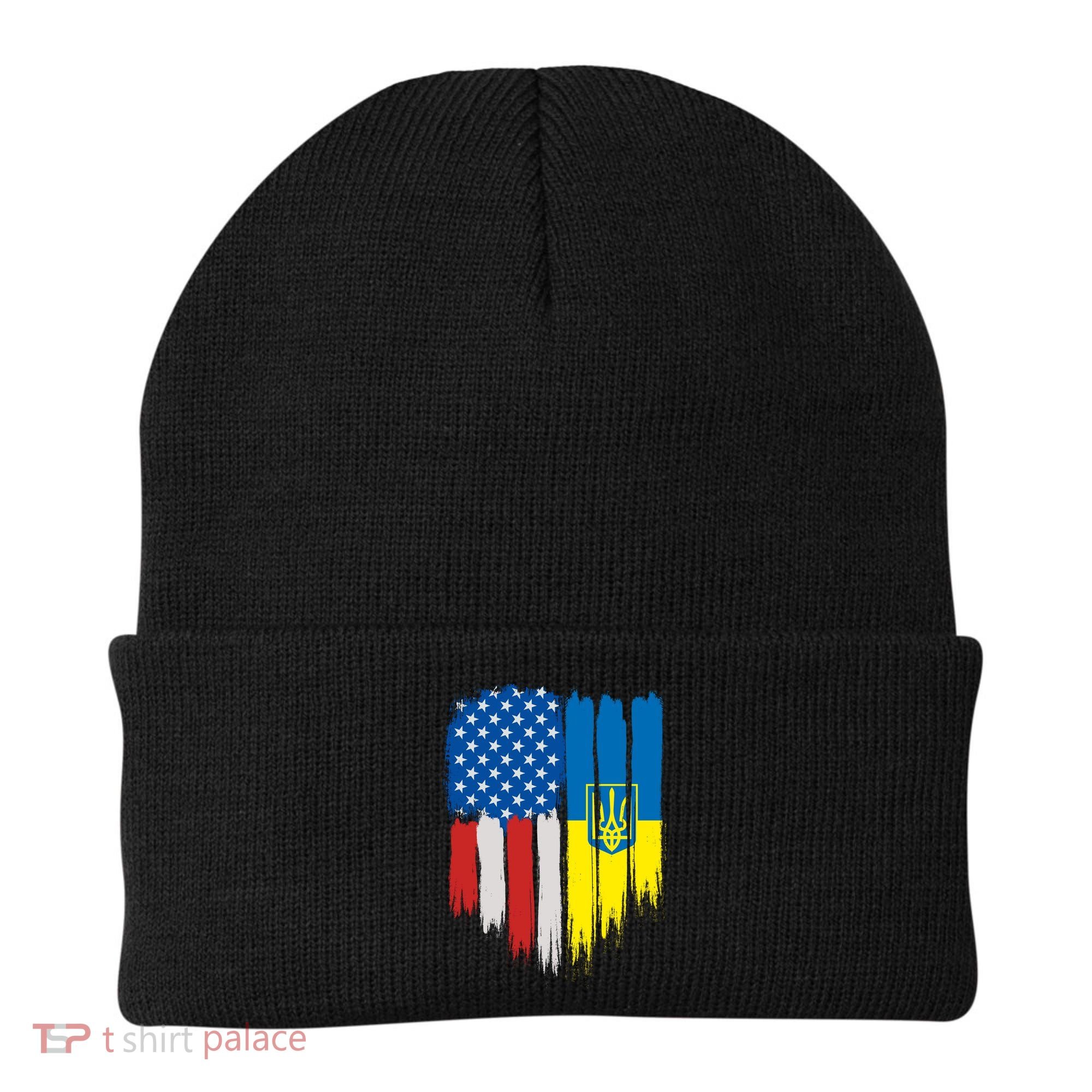 Stand With Ukraine Painted Distressed USA Ukrainian Flags Beanie