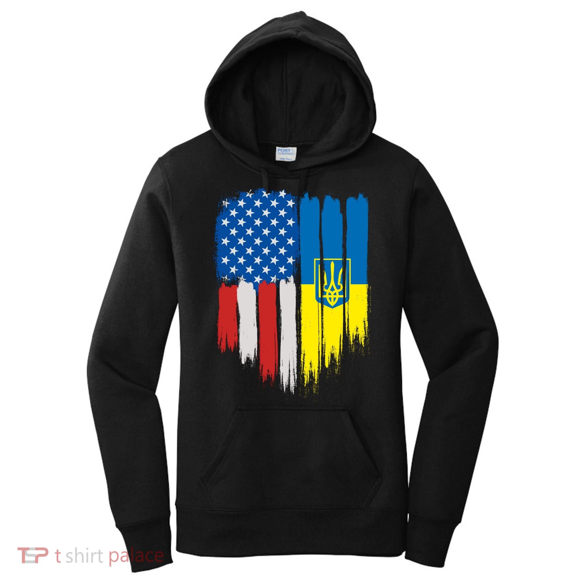 Stand With Ukraine Painted Distressed USA Ukrainian Flags Women's Hoodie