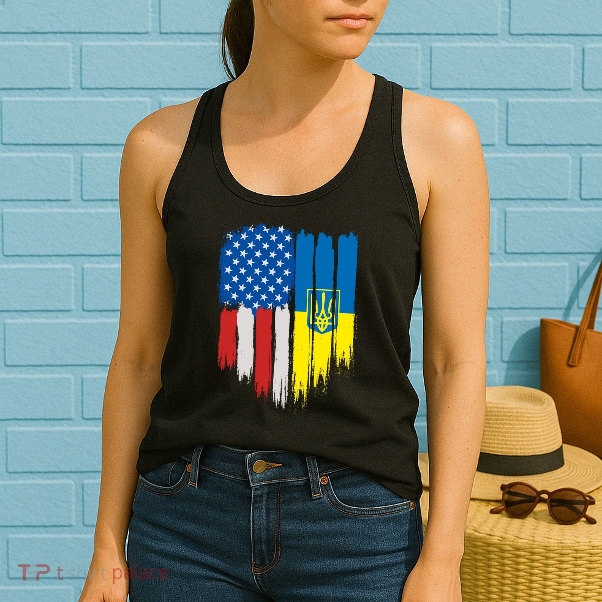Stand With Ukraine Painted Distressed USA Ukrainian Flags Women's Tank Top