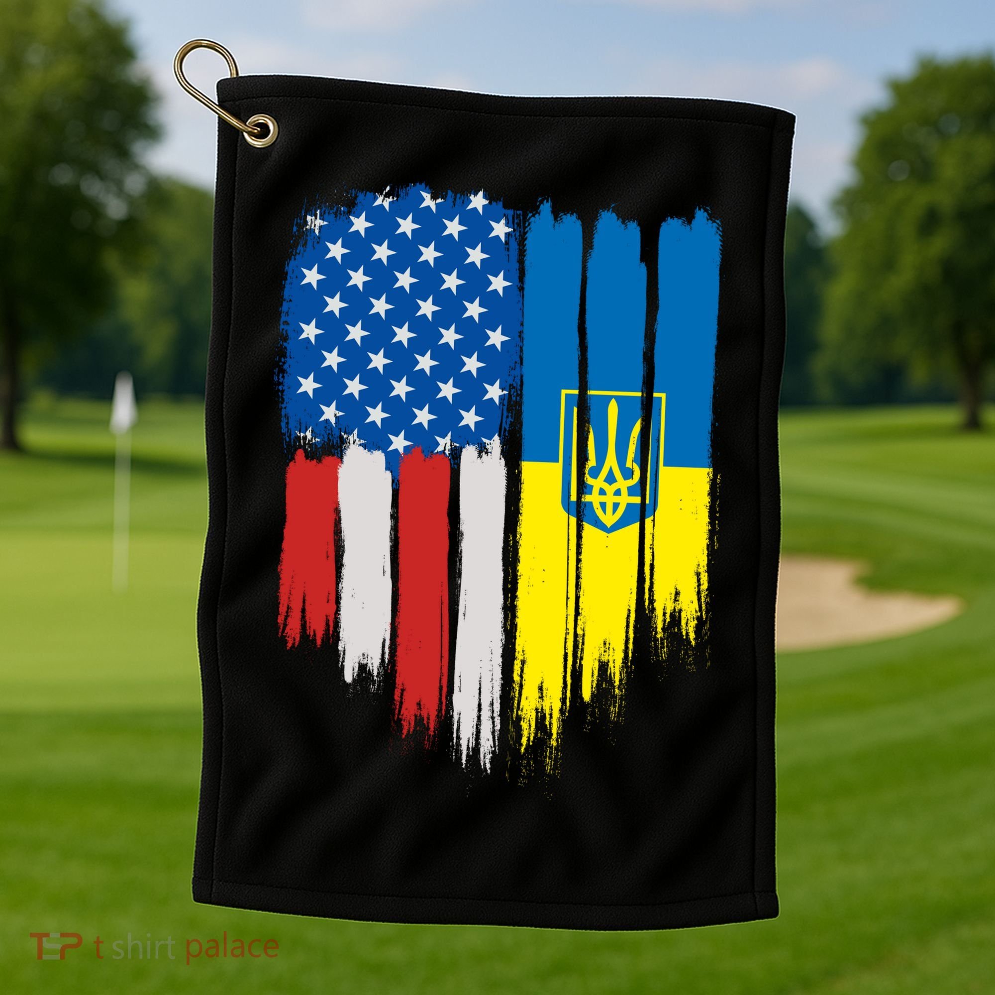 Stand With Ukraine Painted Distressed USA Ukrainian Flags Golf Towel