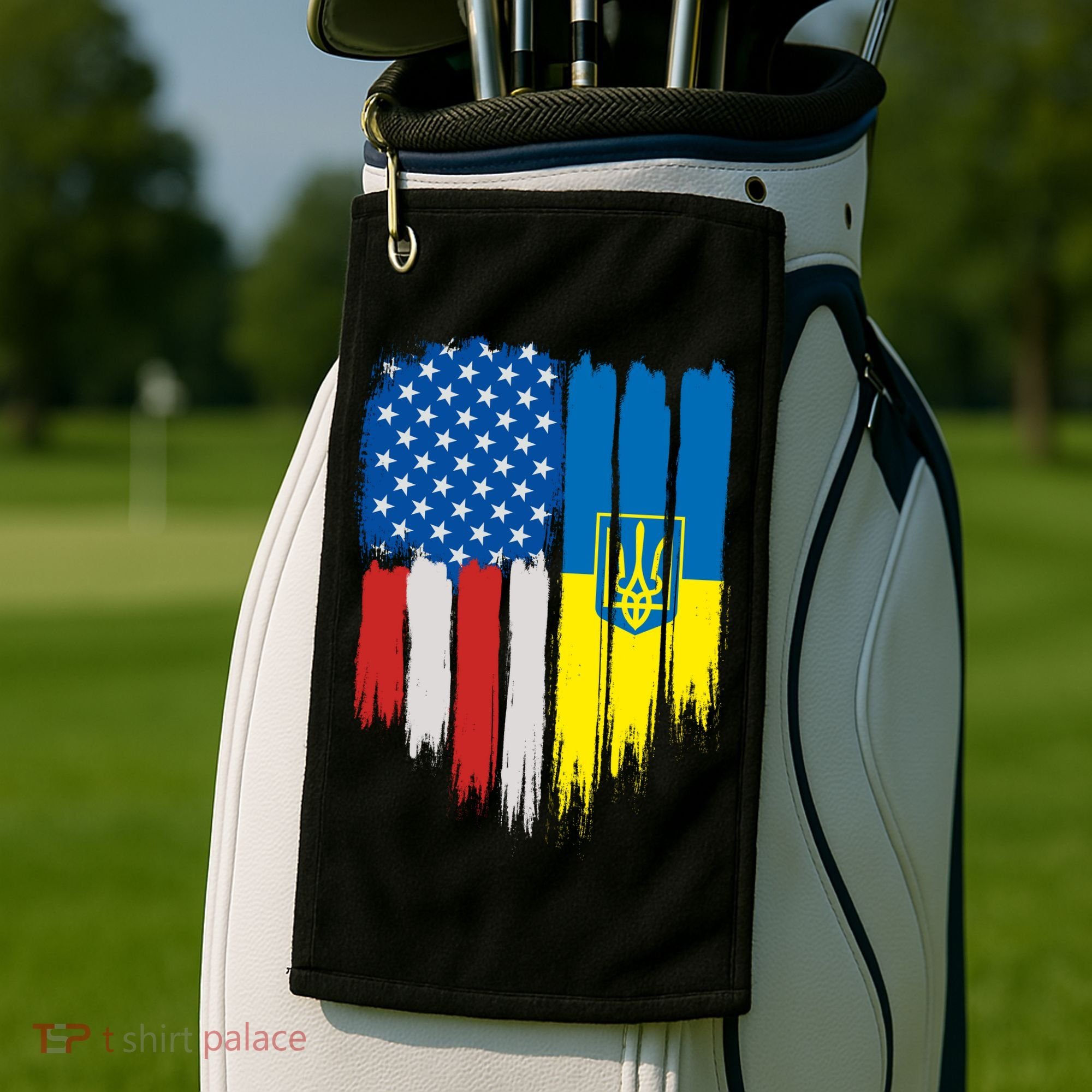 Stand With Ukraine Painted Distressed USA Ukrainian Flags Golf Towel