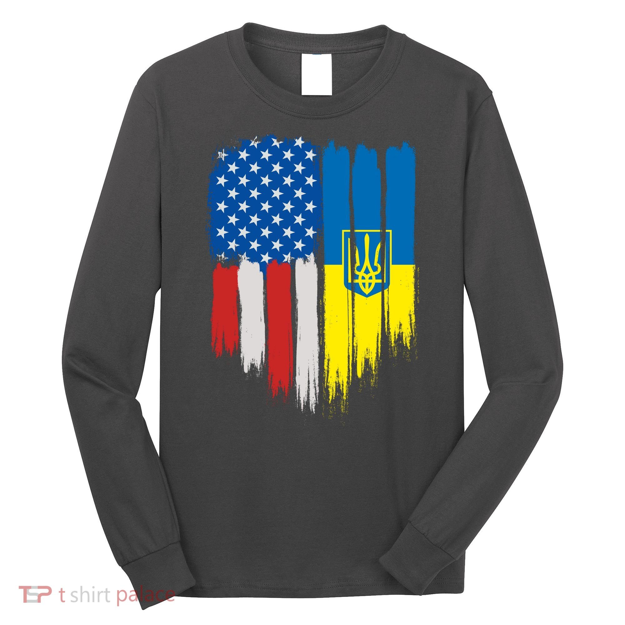 Stand With Ukraine Painted Distressed USA Ukrainian Flags Long Sleeve Shirt