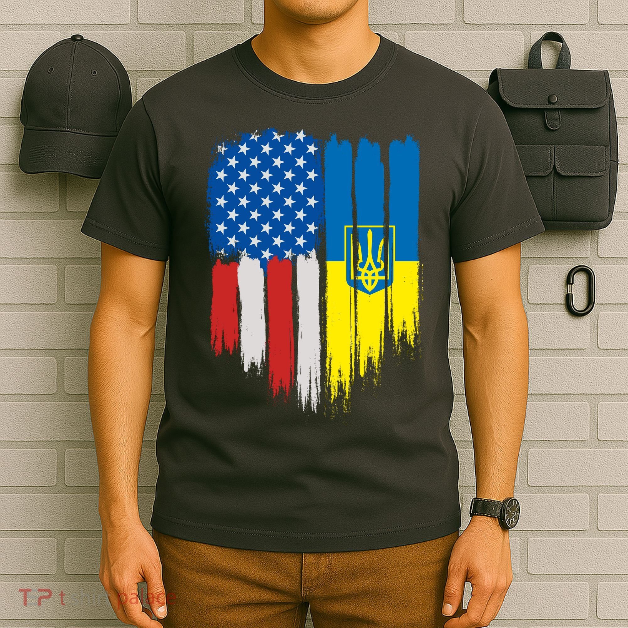 Stand With Ukraine Painted Distressed USA Ukrainian Flags T-Shirt
