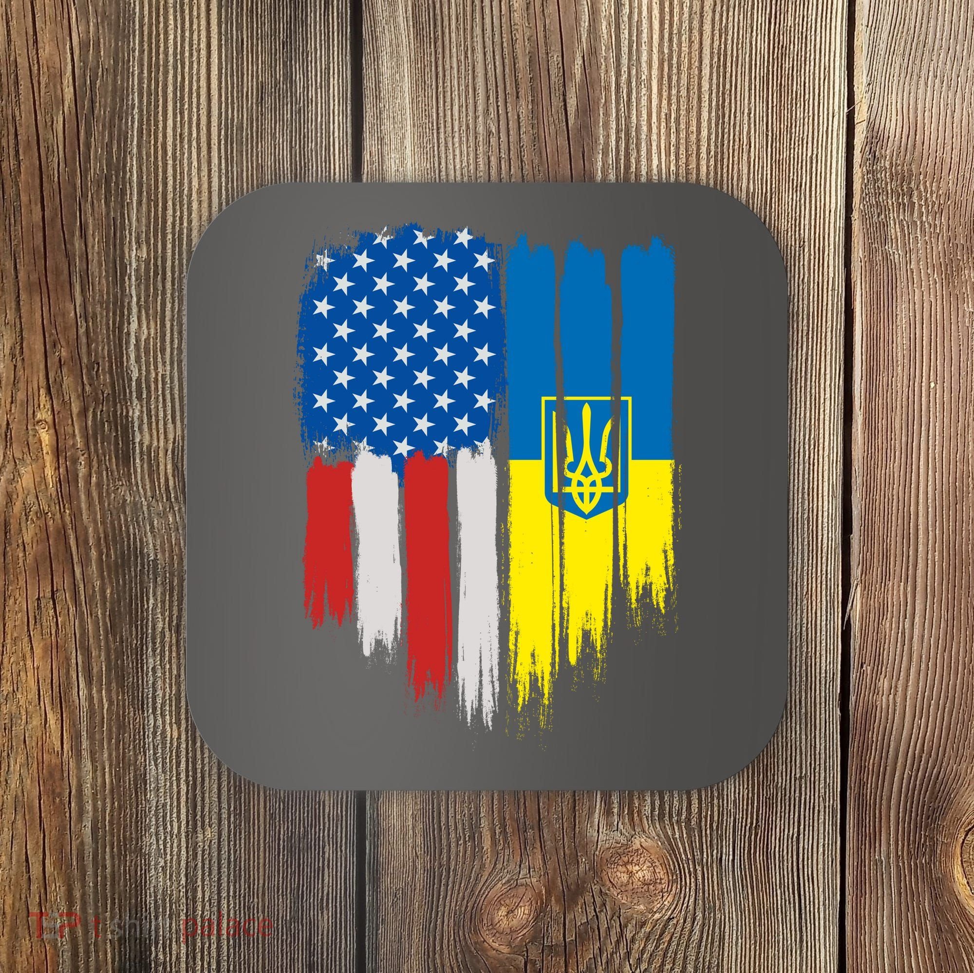 Stand With Ukraine Painted Distressed USA Ukrainian Flags Coaster