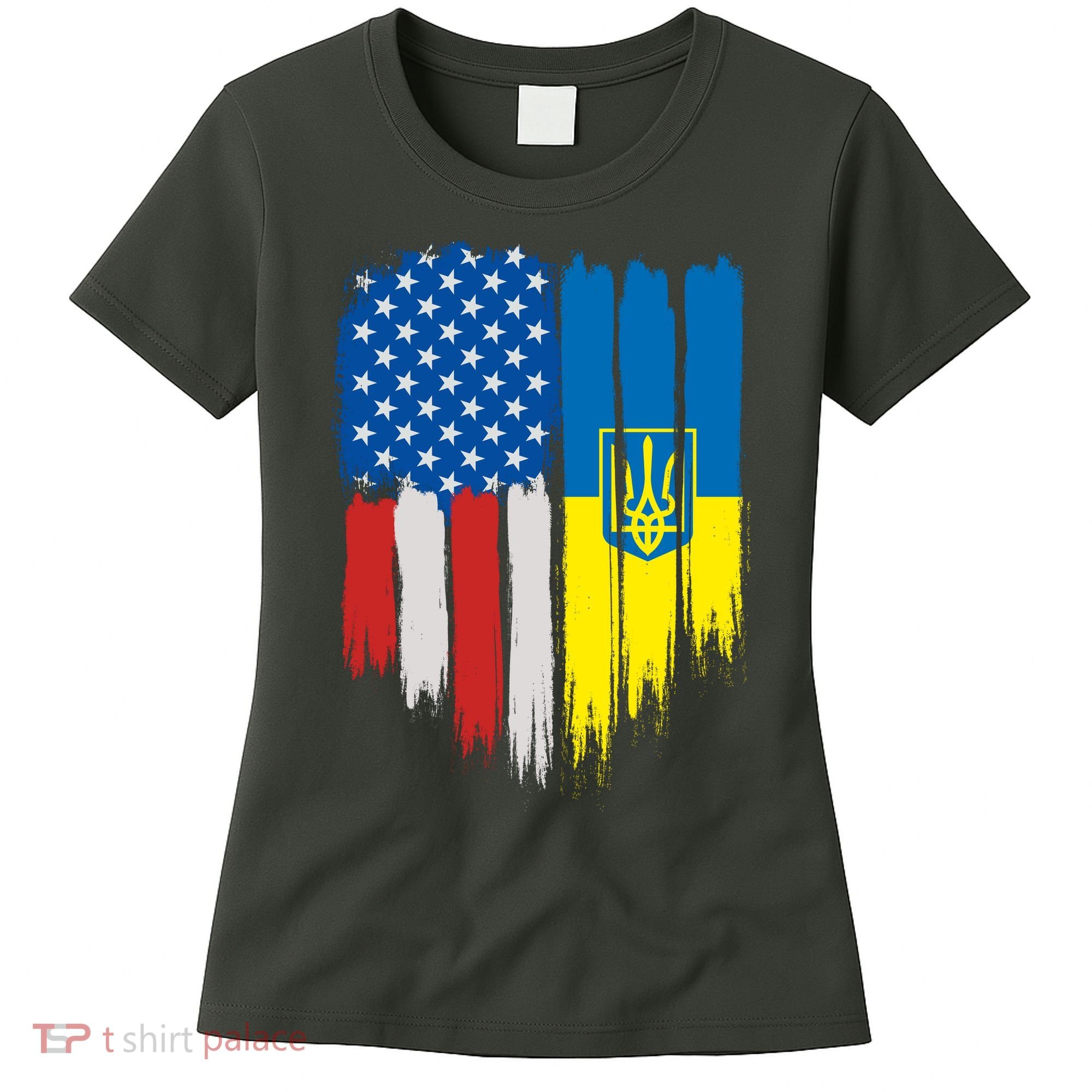 Stand With Ukraine Painted Distressed USA Ukrainian Flags Women's T-Shirt